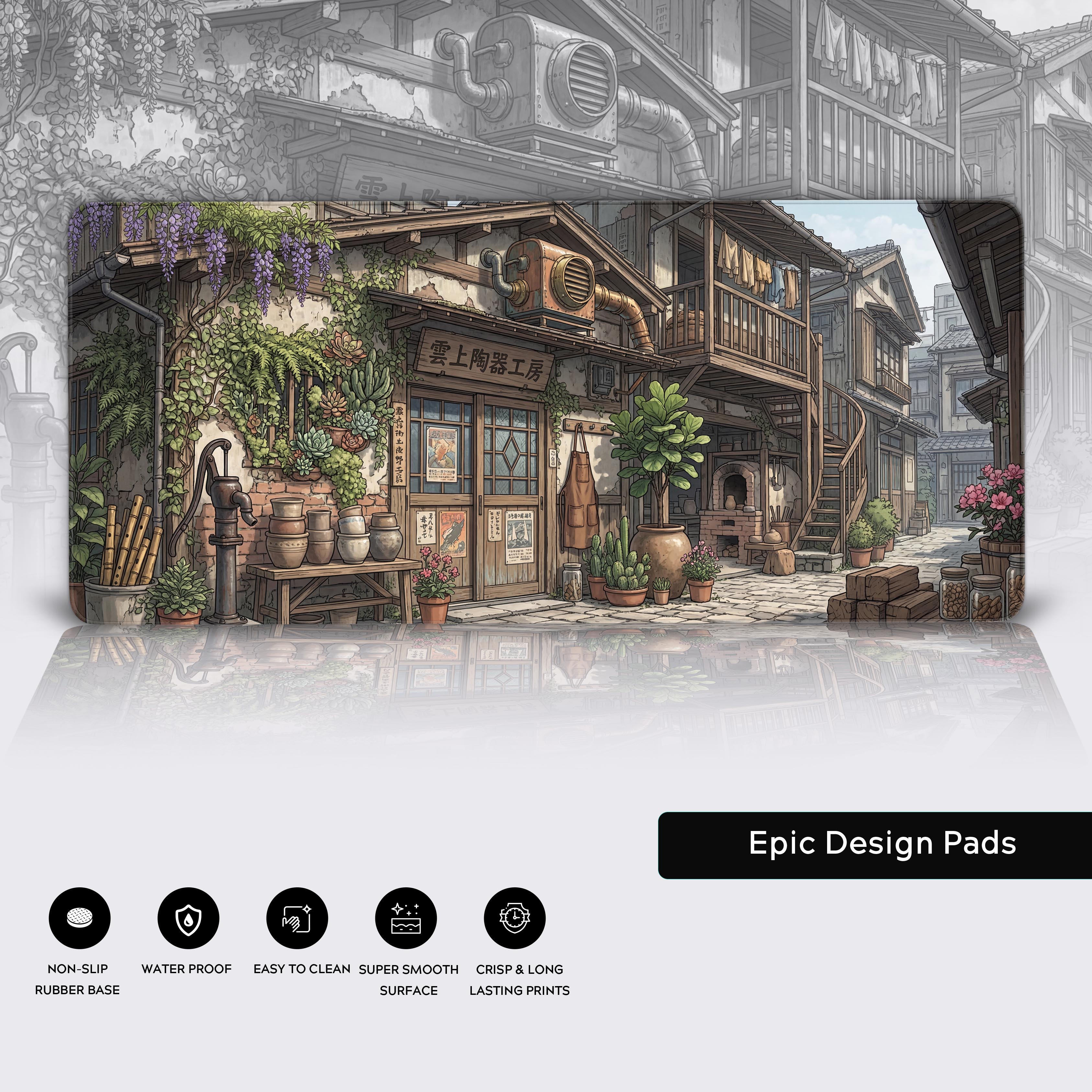 Full view of the cozy pottery village desk mat, perfect for anime aesthetic gaming setups