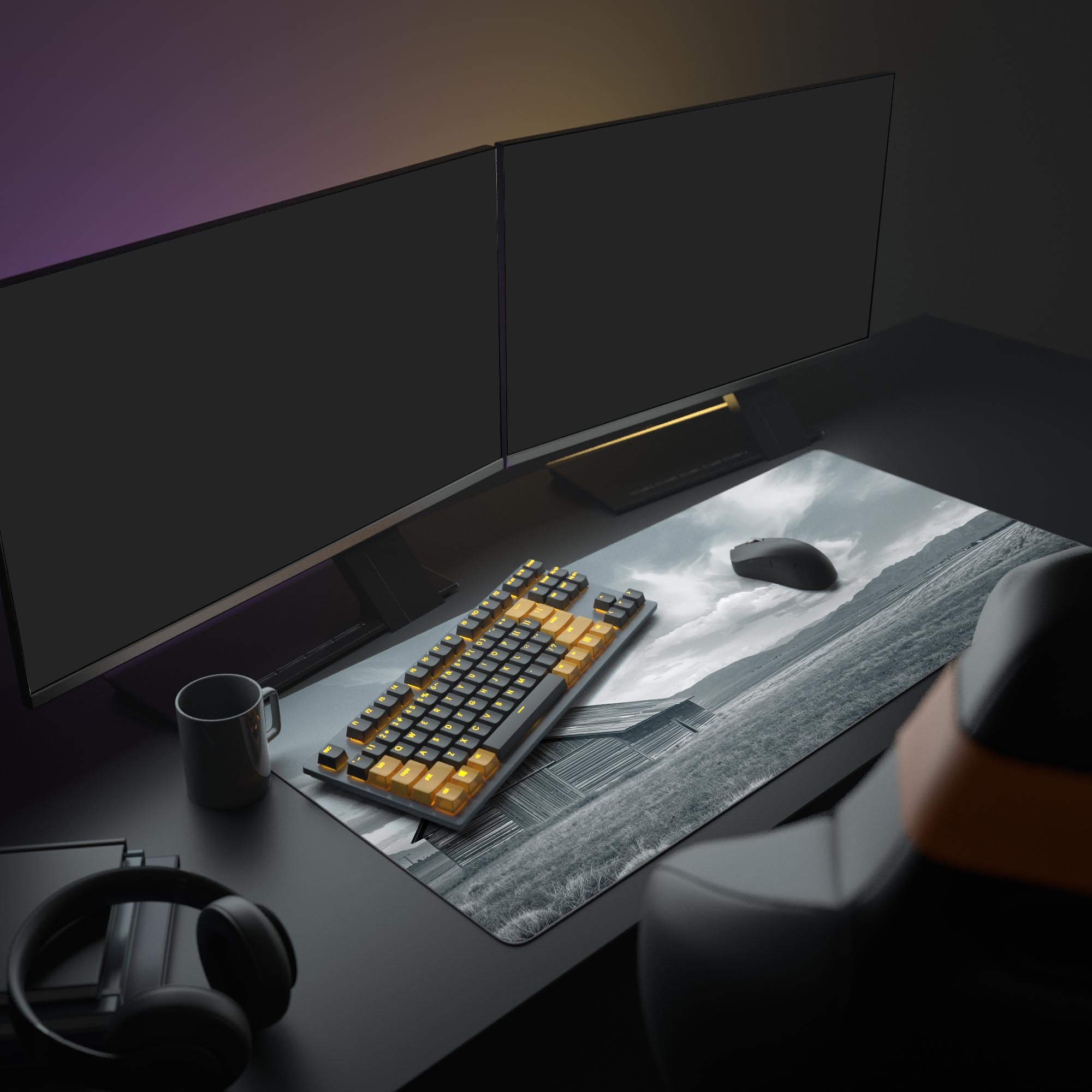 Large Rustic Vista desk mat in a minimalist office setup with a monitor, mechanical keyboard, and a plant. - Epic Design Pads