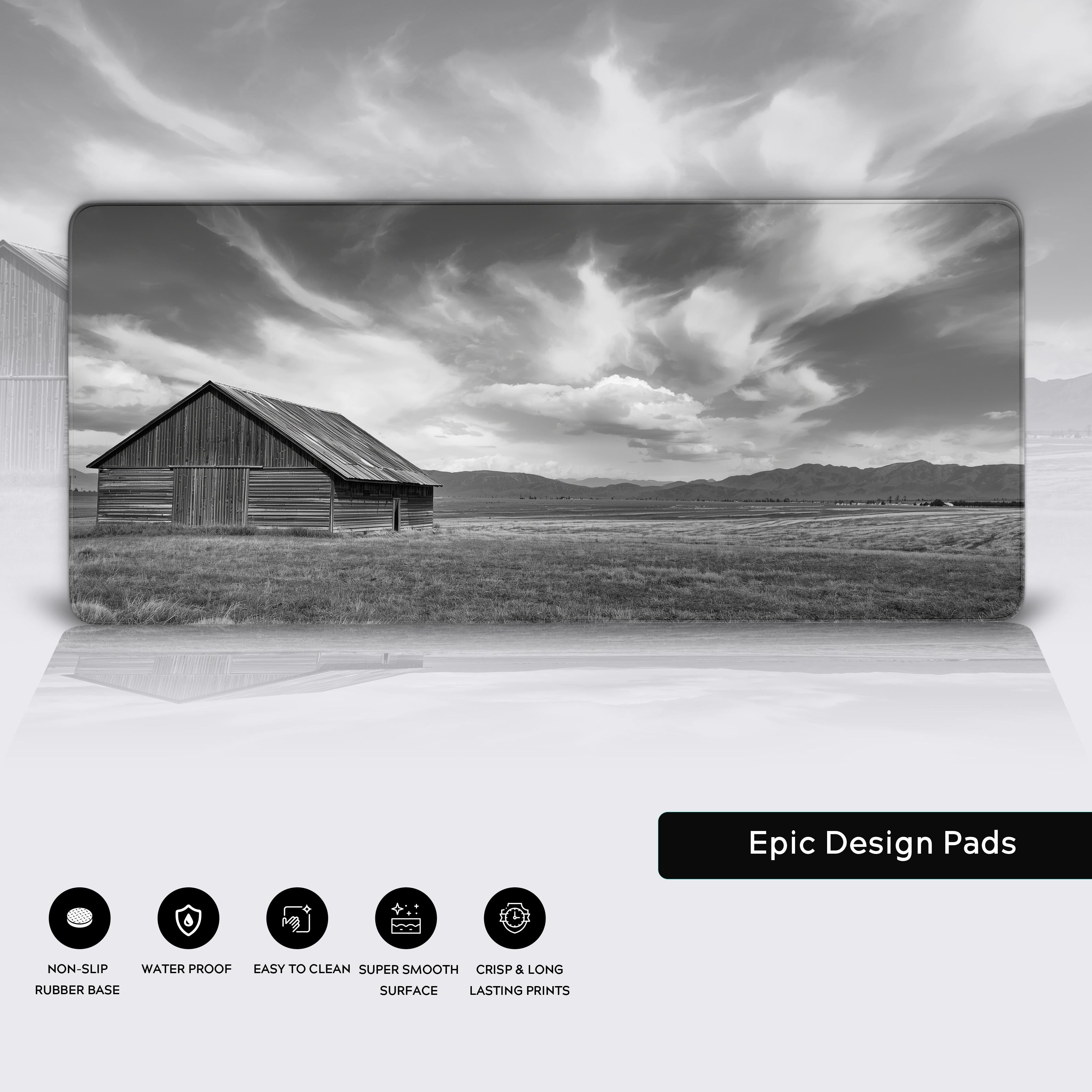 Close-up of the Rustic Vista desk mat highlighting its premium stitched edges, non-slip rubber base, and smooth surface. - Epic Design Pads