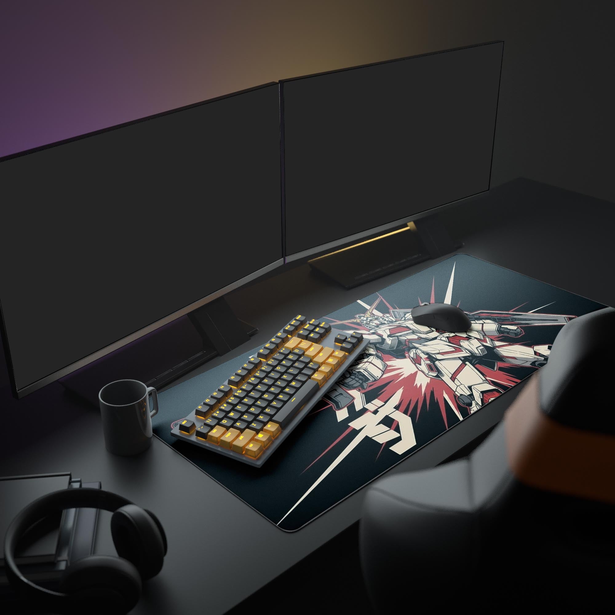 RX-0 Unicorn Gundam gaming desk mat featuring dynamic anime-style artwork in a modern dual-monitor setup - Epic Design Pads & Mousepads
