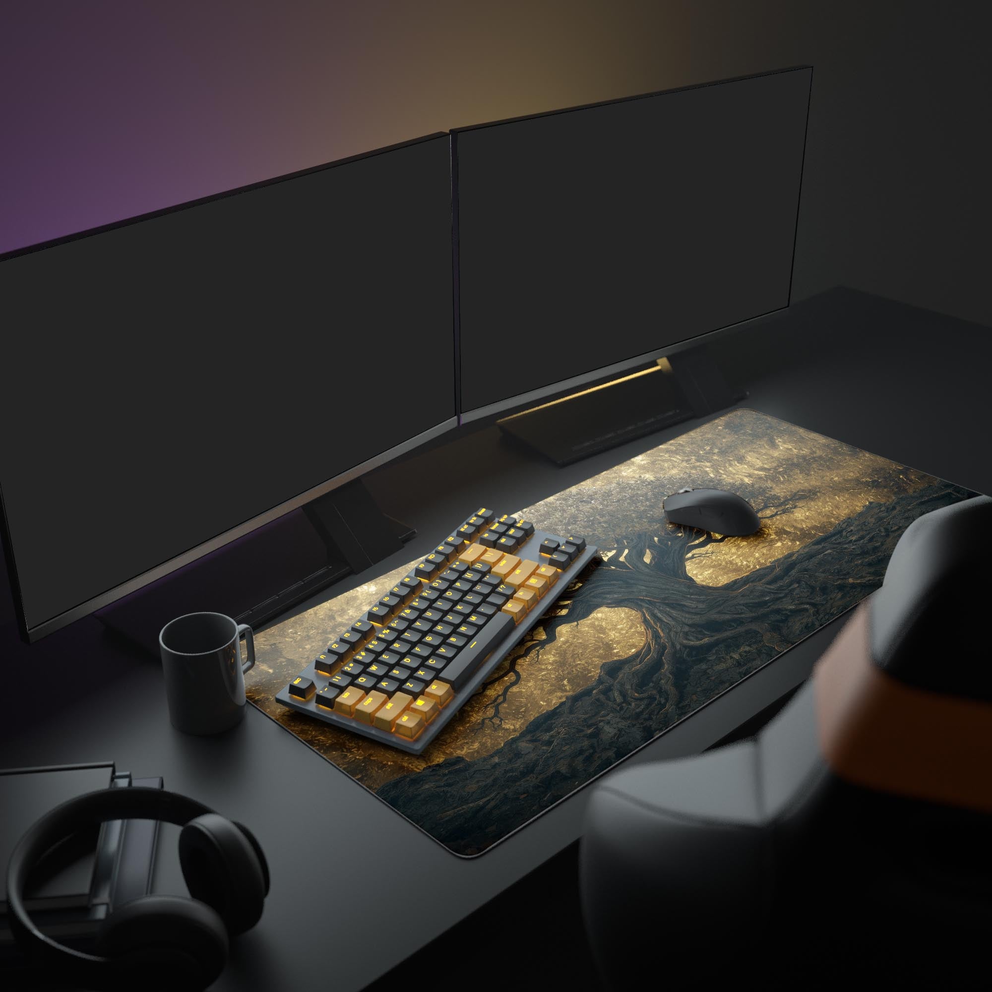 Large Tree of Life desk mat in a complete office setup with dual monitors, a mechanical keyboard, and headphones, creating a spiritual workspace. - Epic Design Pads & Mousepads