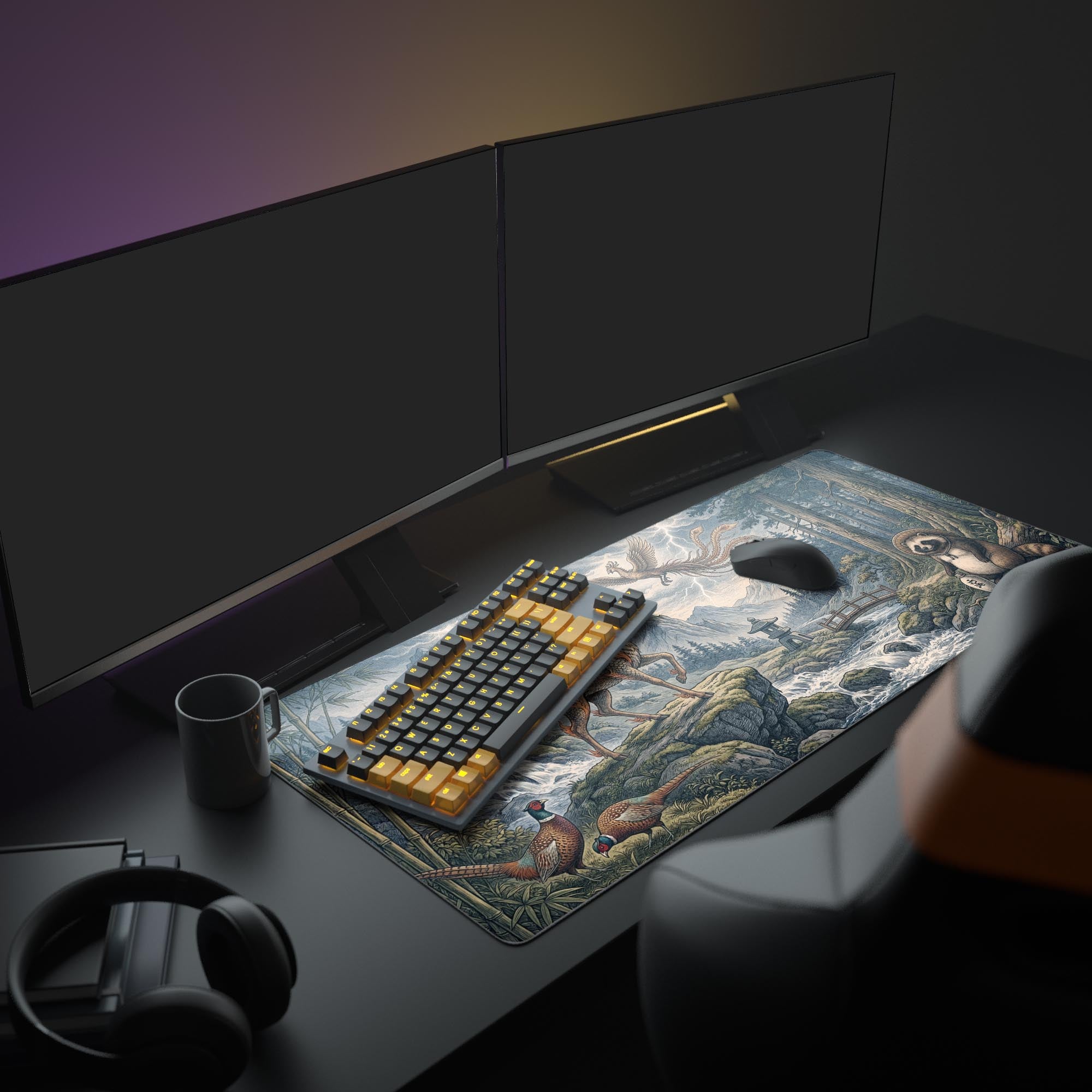 The Sacred Harmony mouse pad in a full gaming setup, its mythical Japanese landscape complementing multiple monitors and an illuminated keyboard, creating an epic workspace. - Epic Design Pads & Mousepads