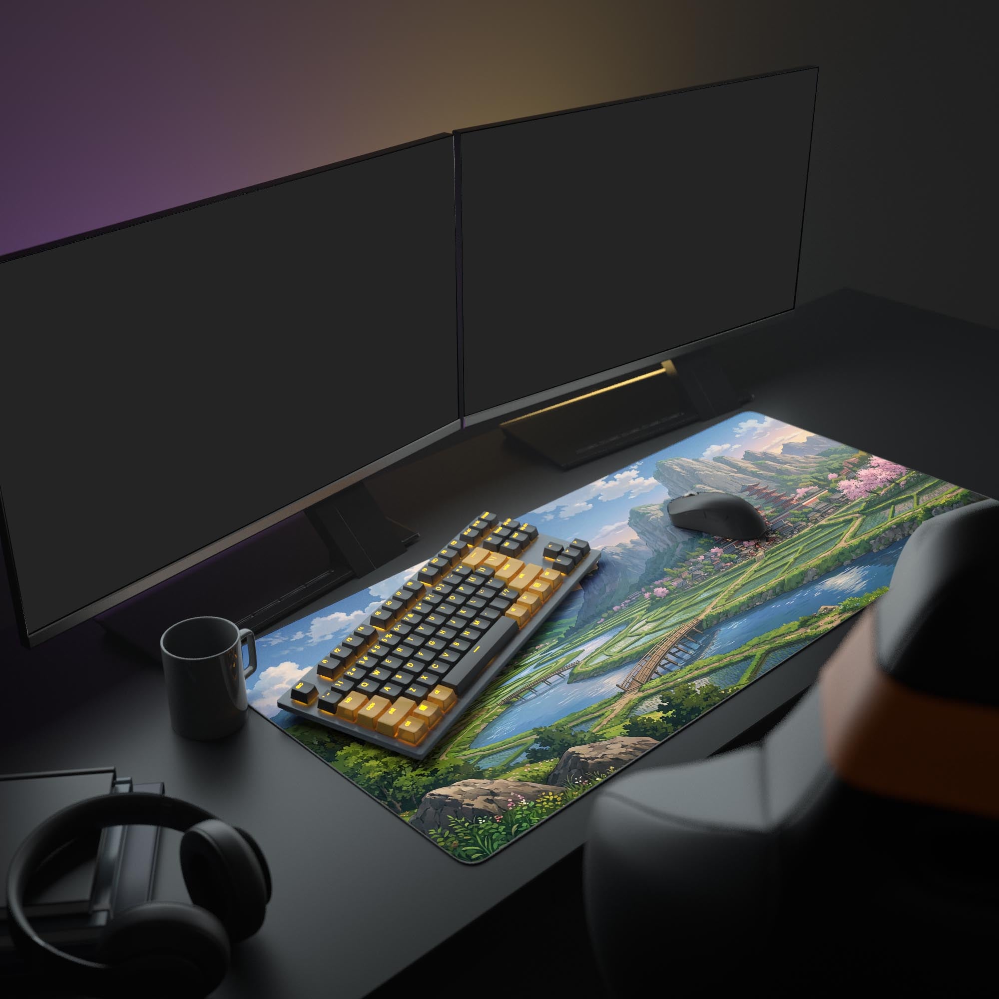 A full PC setup showcasing the Sacred Valley Echo mouse pad, which depicts a serene Japanese temple and rice paddies, anchoring the gaming aesthetic. - Epic Design Pads & Mousepads