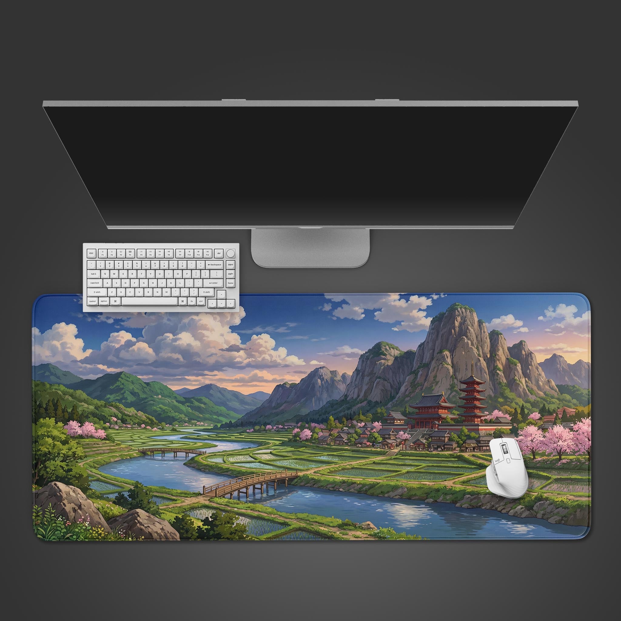 Top-down view of the Sacred Valley Echo gaming desk mat featuring a Japanese landscape, with a white keyboard and mouse on a dark background. - Epic Design Pads & Mousepads