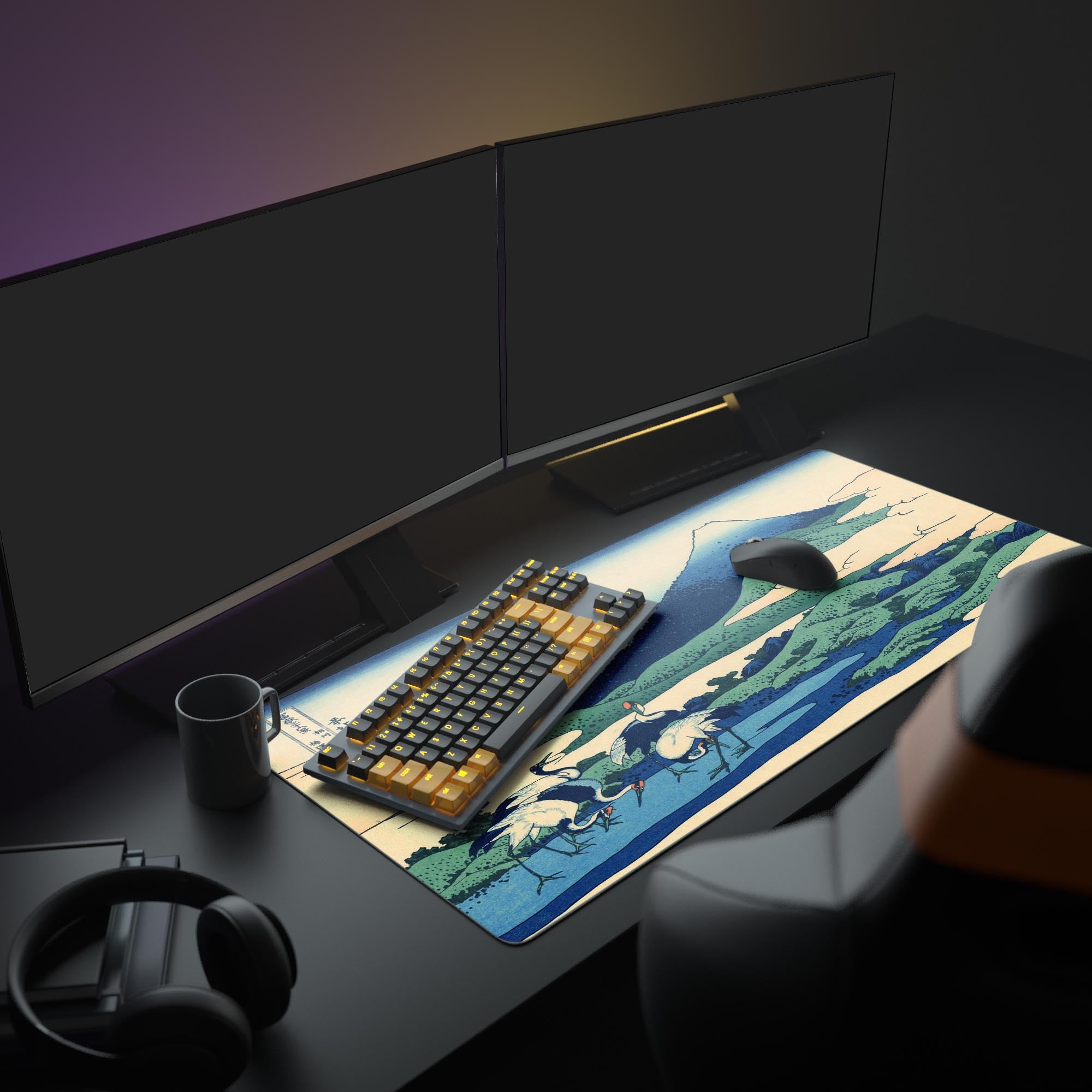 Large Japanese art mouse pad featuring Hokusai's 'Sagami Province'. Shown in an aesthetic desk setup with dual monitors, a mechanical keyboard, and headphones. - Epic Design Pads & Mousepads