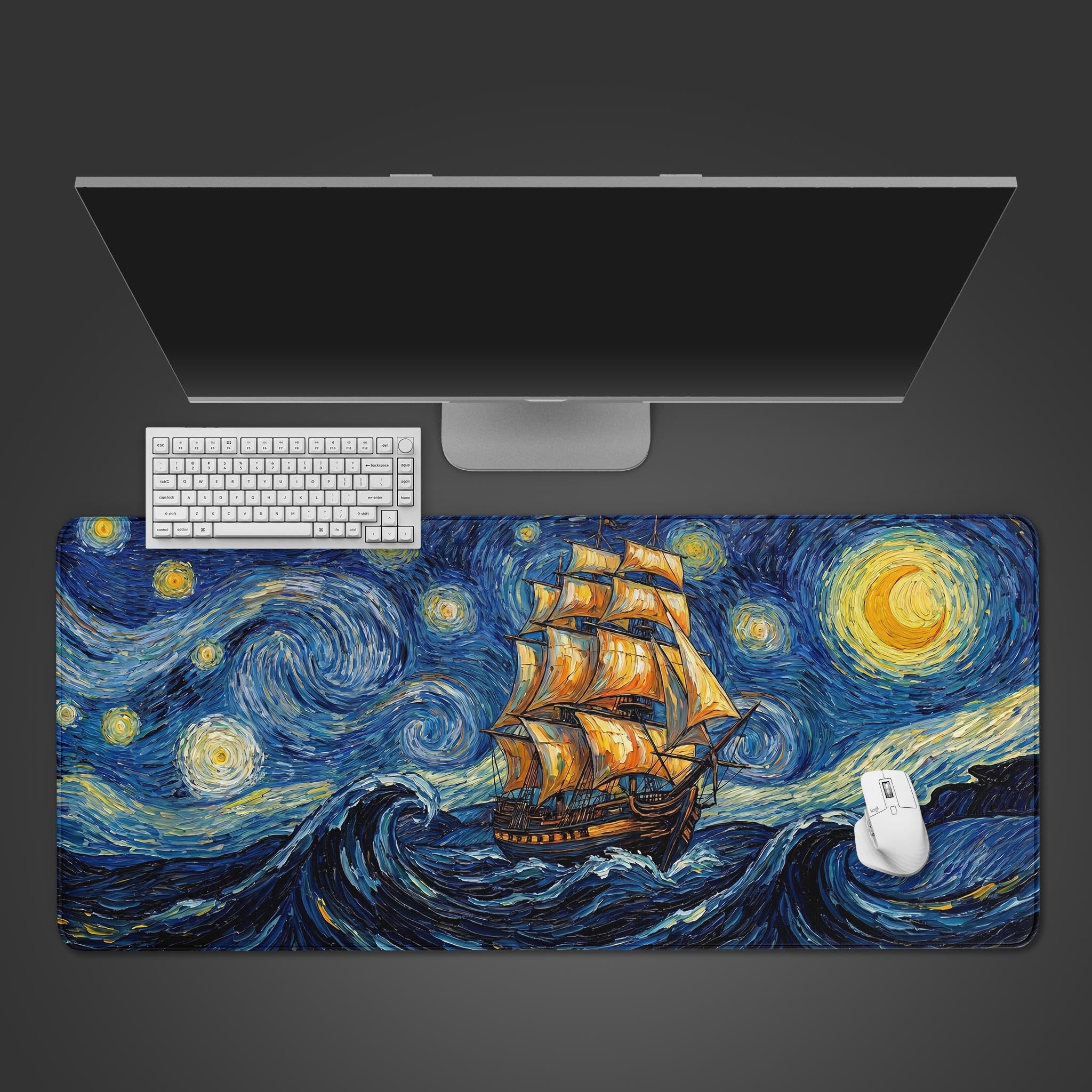 A large desk mat featuring a post-impressionist painting of a sailing ship on turbulent ocean waves under a swirling starry night sky.