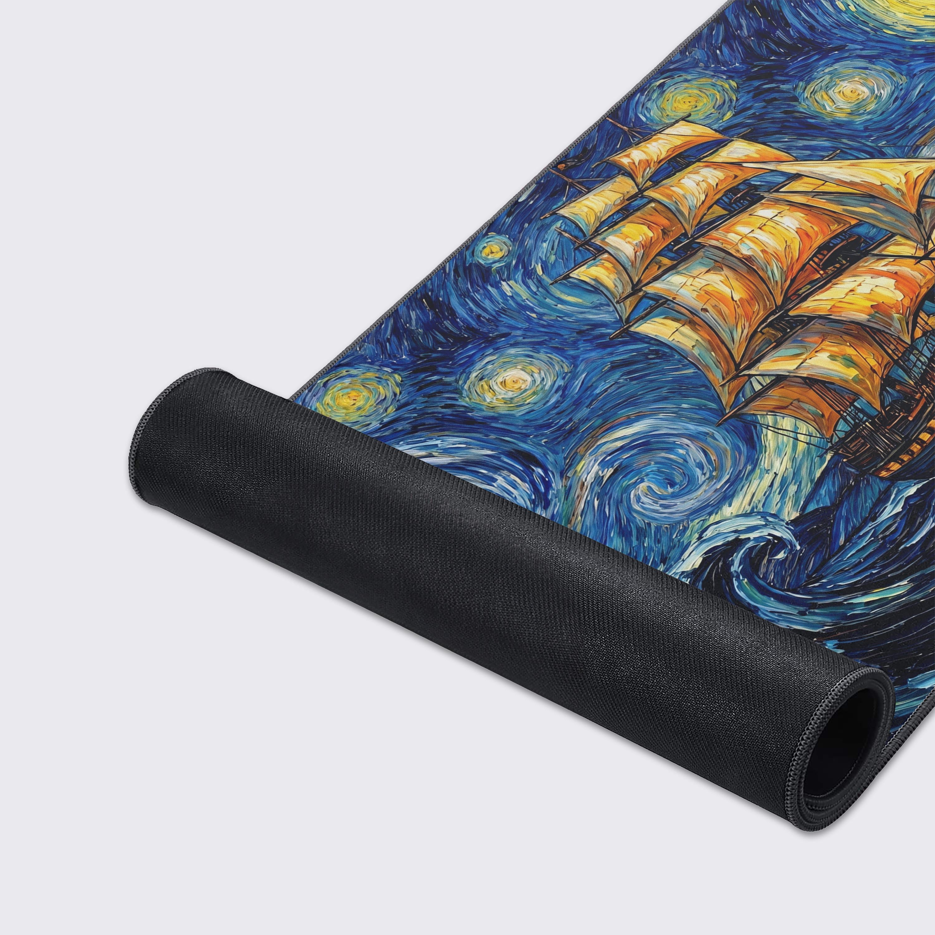 Iconography showing the desk mat's premium features: non-slip rubber base, waterproof, easy to clean, super smooth surface, and crisp long-lasting prints.