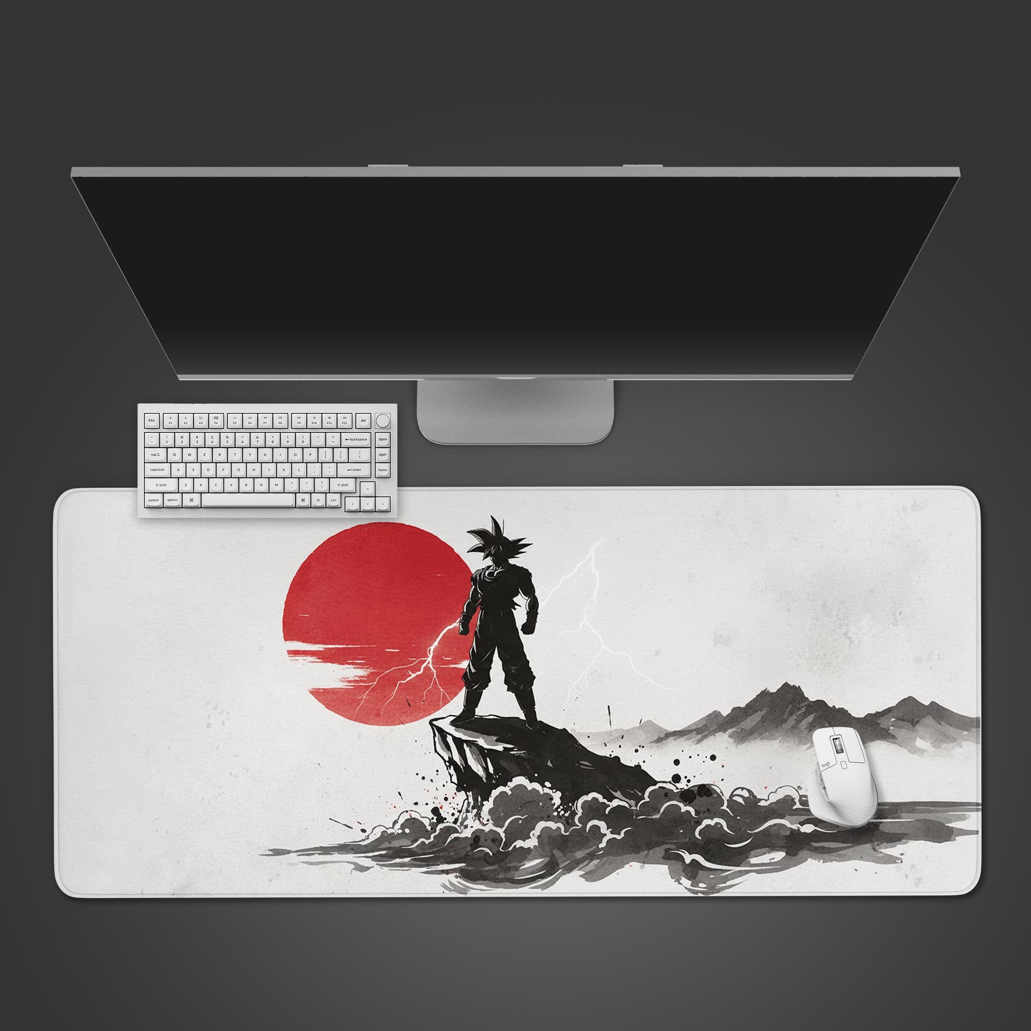Saiyan's Stand anime desk mat with warrior silhouette and red sun – desktop view with keyboard and mouse. - Epic Design Pads
