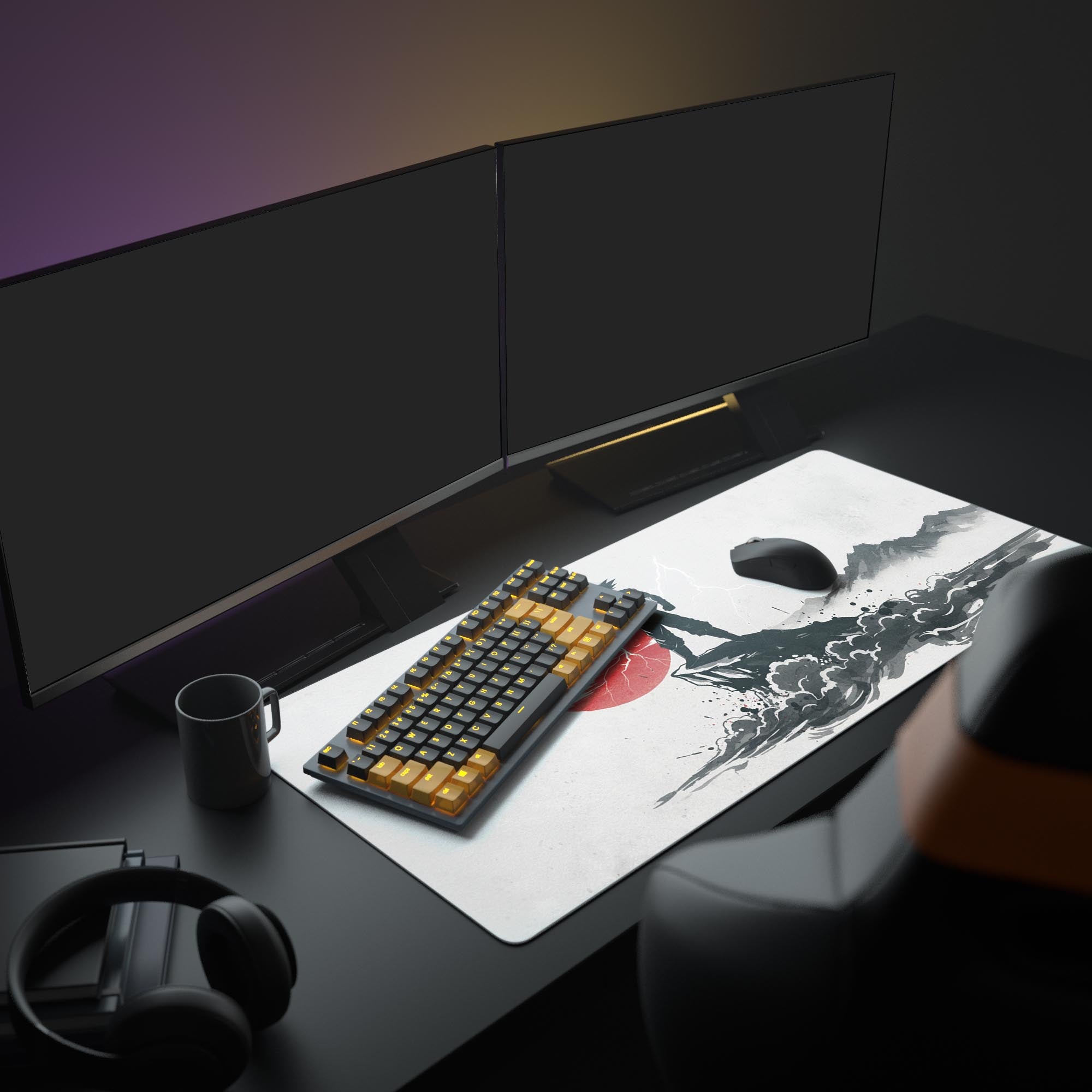 Large Saiyan warrior gaming desk mat with red sun design – shown in a minimalist gaming setup with dual monitors and headphones. - Epic Design Pads