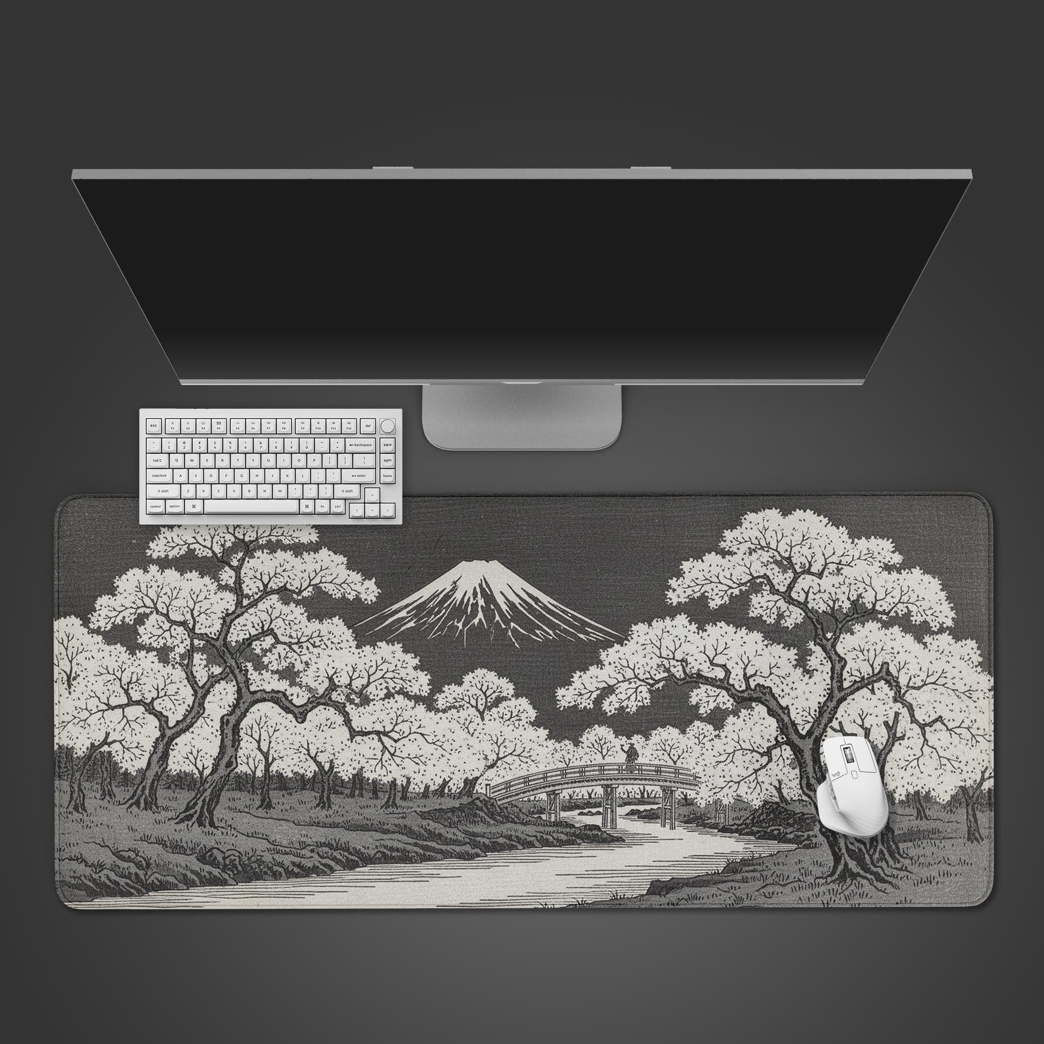 Japanese desk mat with Sakura Bridge and Mt. Fuji Ukiyo-e design. Top-down desktop view with a keyboard and mouse. - Epic Design Pads