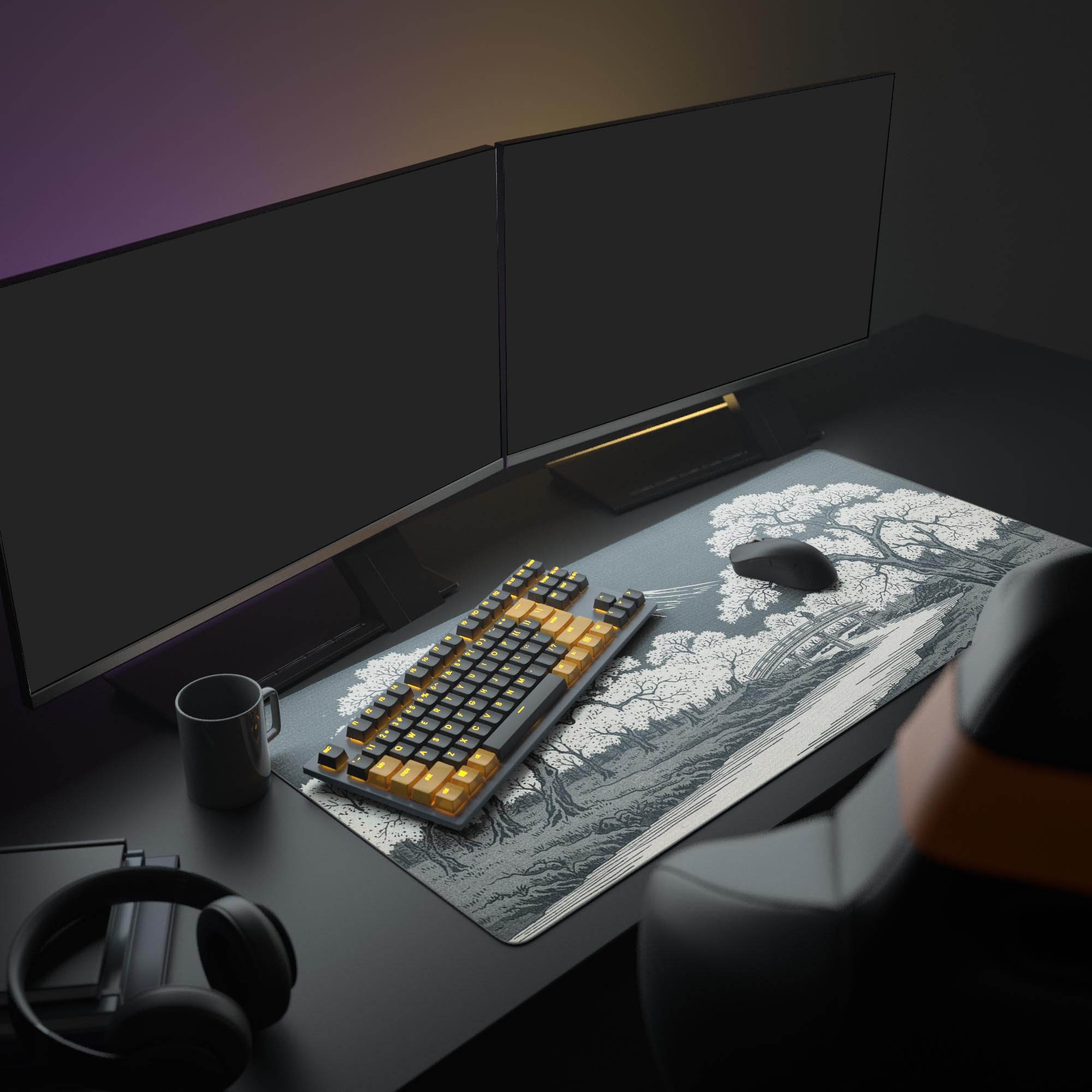 Large Ukiyo-e art Japanese desk mat with Sakura Bridge design shown in an aesthetic desk setup with monitors and headphones. - Epic Design Pads