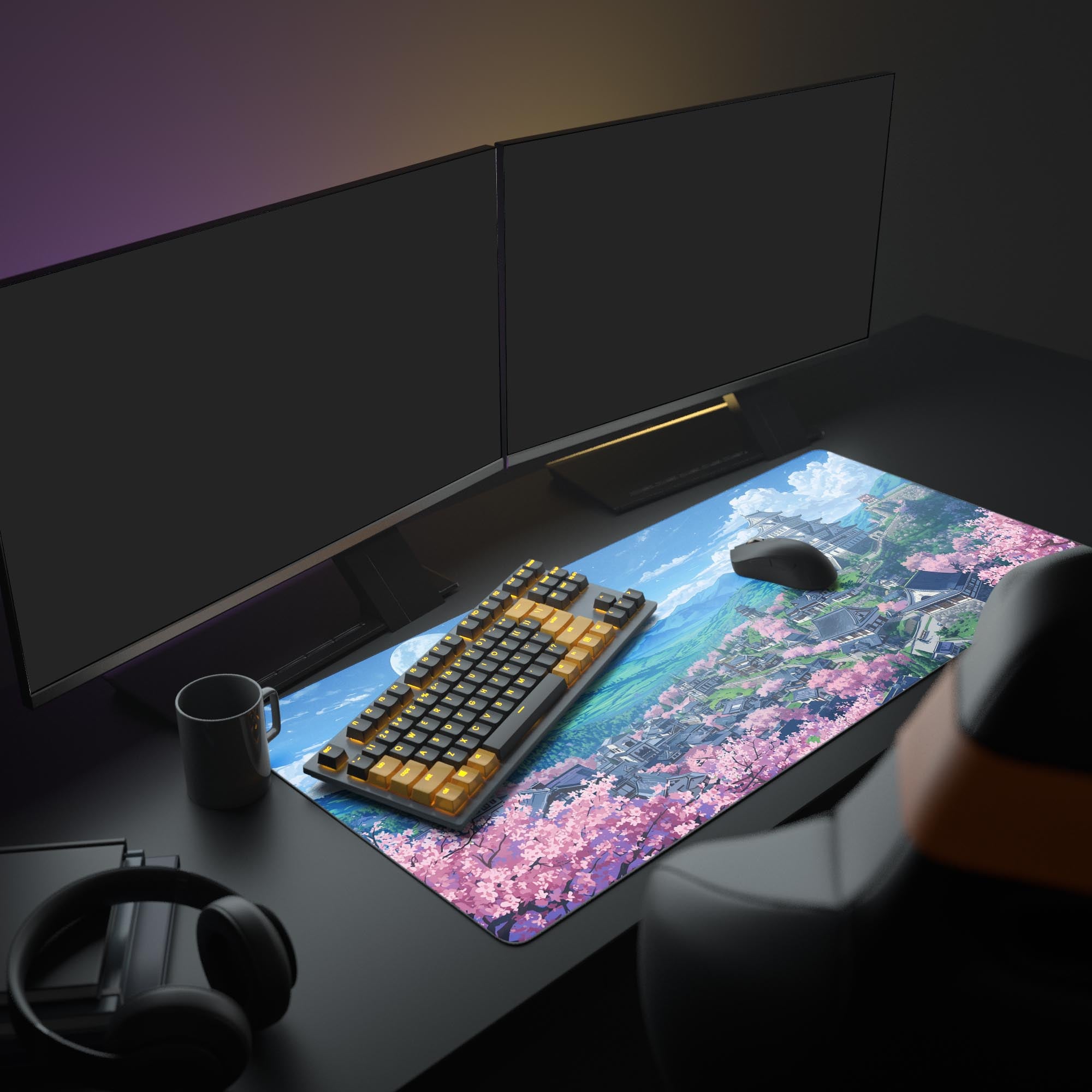 Large Sakura Castle gaming desk mat in an aesthetic setup with dual monitors, headphones, and a mechanical keyboard. - Epic Design Pads