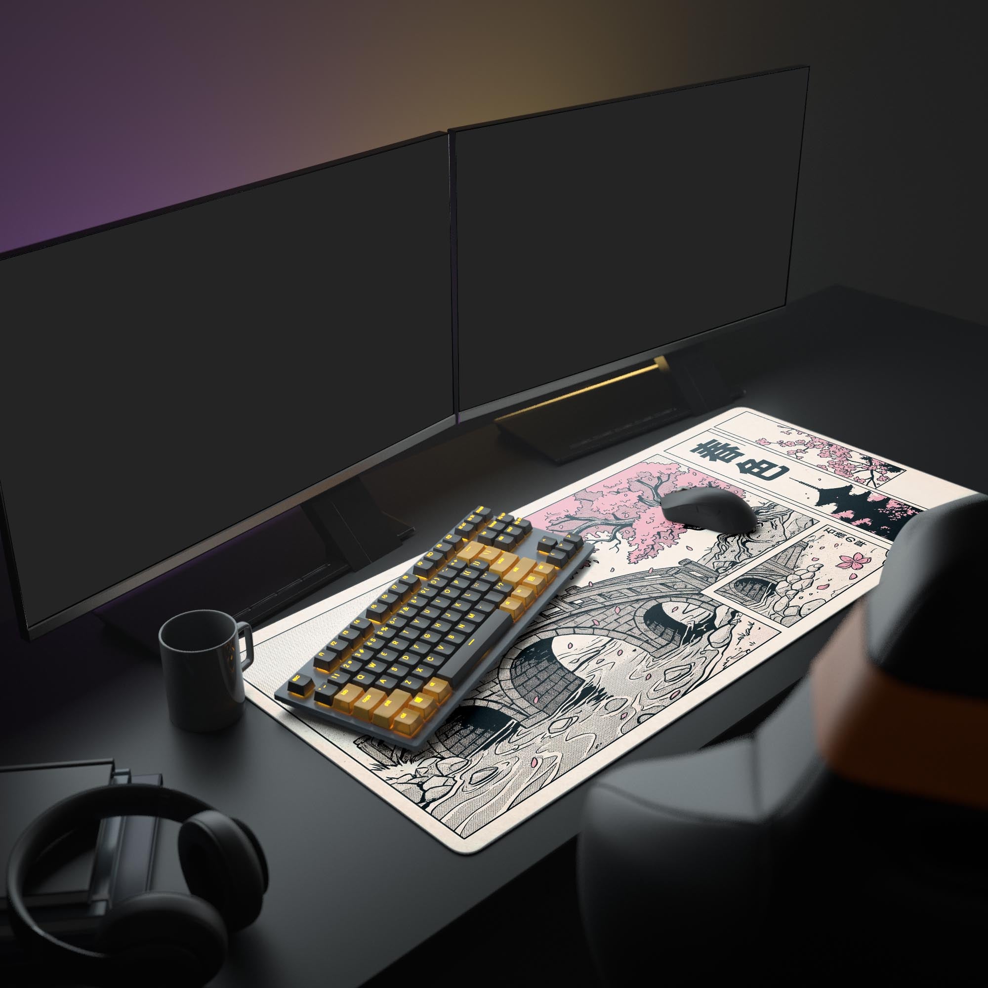 A full gaming setup featuring the Japanese art mouse pad, with dual monitors and a glowing keyboard, creating a serene, sakura-themed workspace aesthetic. - Epic Design Pads & Mousepads