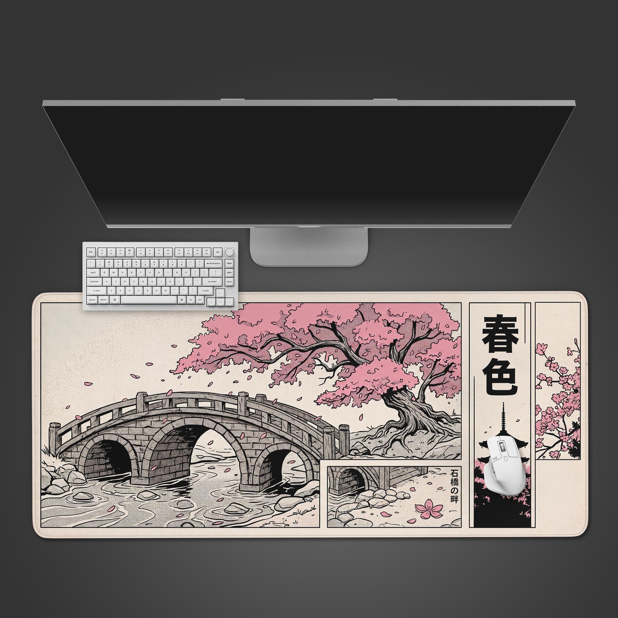 A top-down view of the Sakura Comic Panels gaming desk mat, showing a white keyboard and mouse on its Japanese manga-style art of a bridge and cherry blossoms. - Epic Design Pads & Mousepads