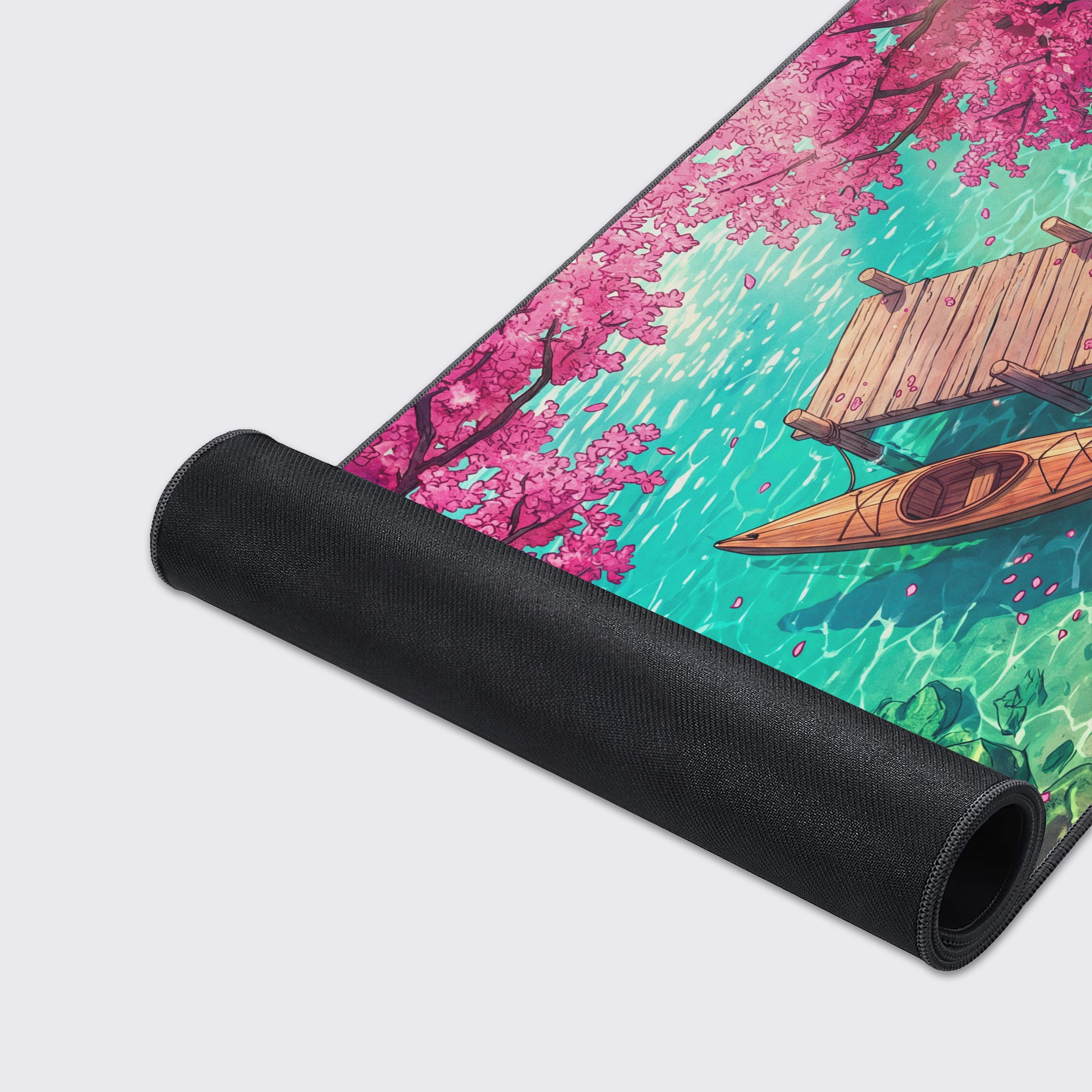 Mockup displaying the vibrant pink and teal nature aesthetic desk mat enhancing a modern gaming or office setup.