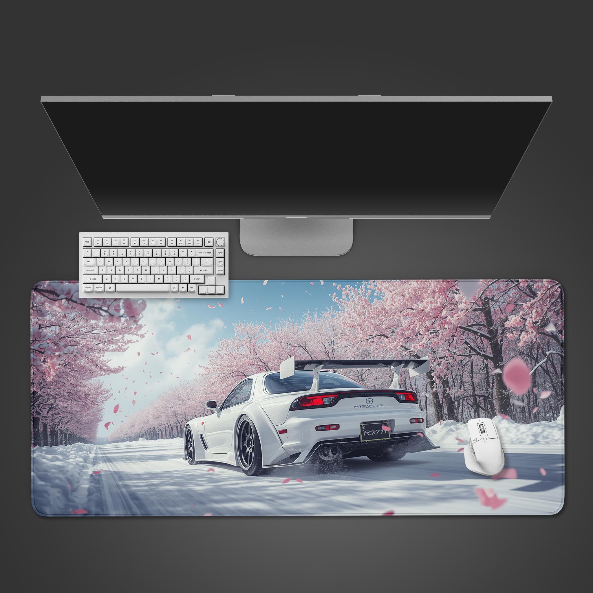 Desk mat with Mazda RX-7 and cherry blossoms – desktop view with keyboard and mouse. - Epic Design Pads