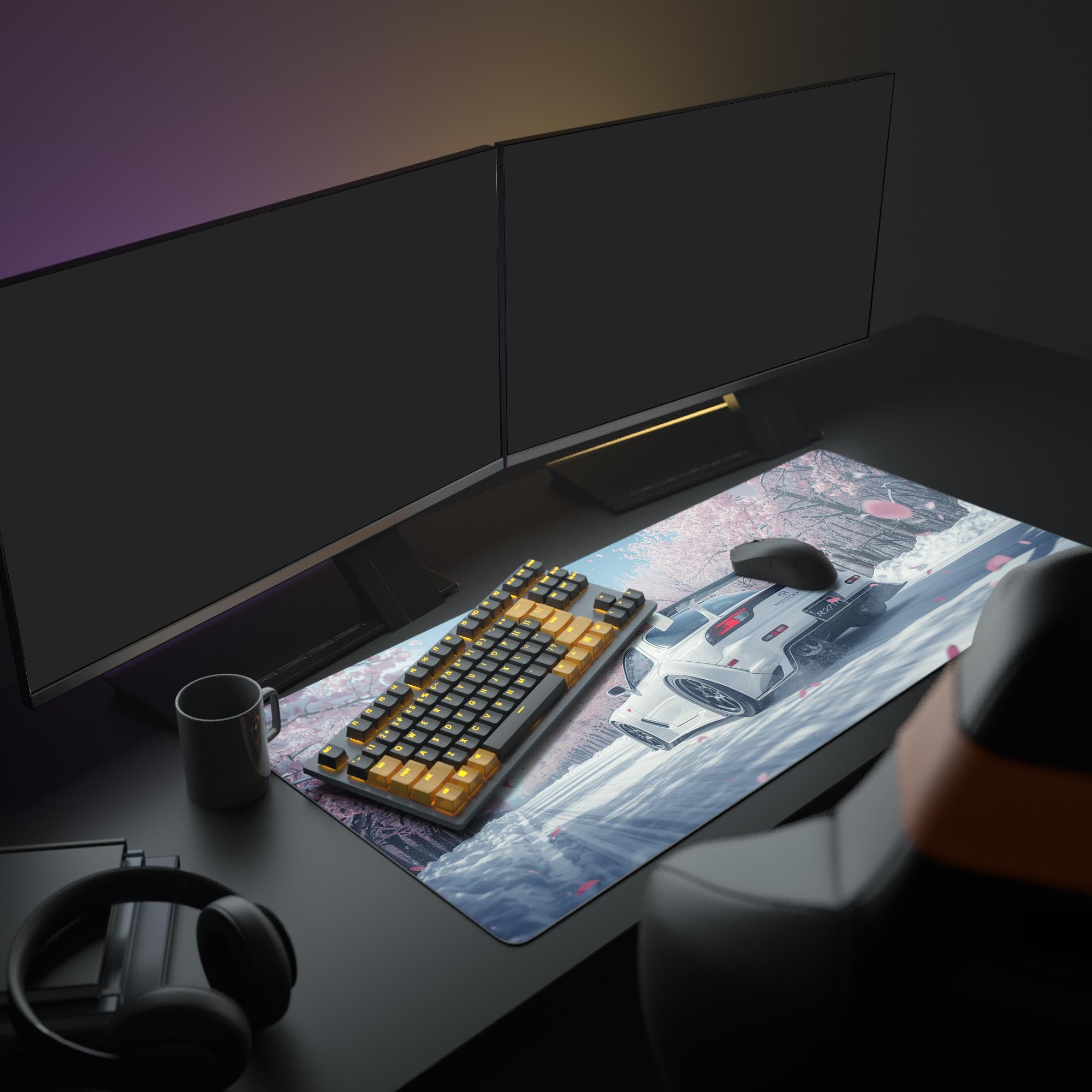 Large Japanese RX-7 desk mat in setup – shown in a work environment with monitors and accessories. - Epic Design Pads