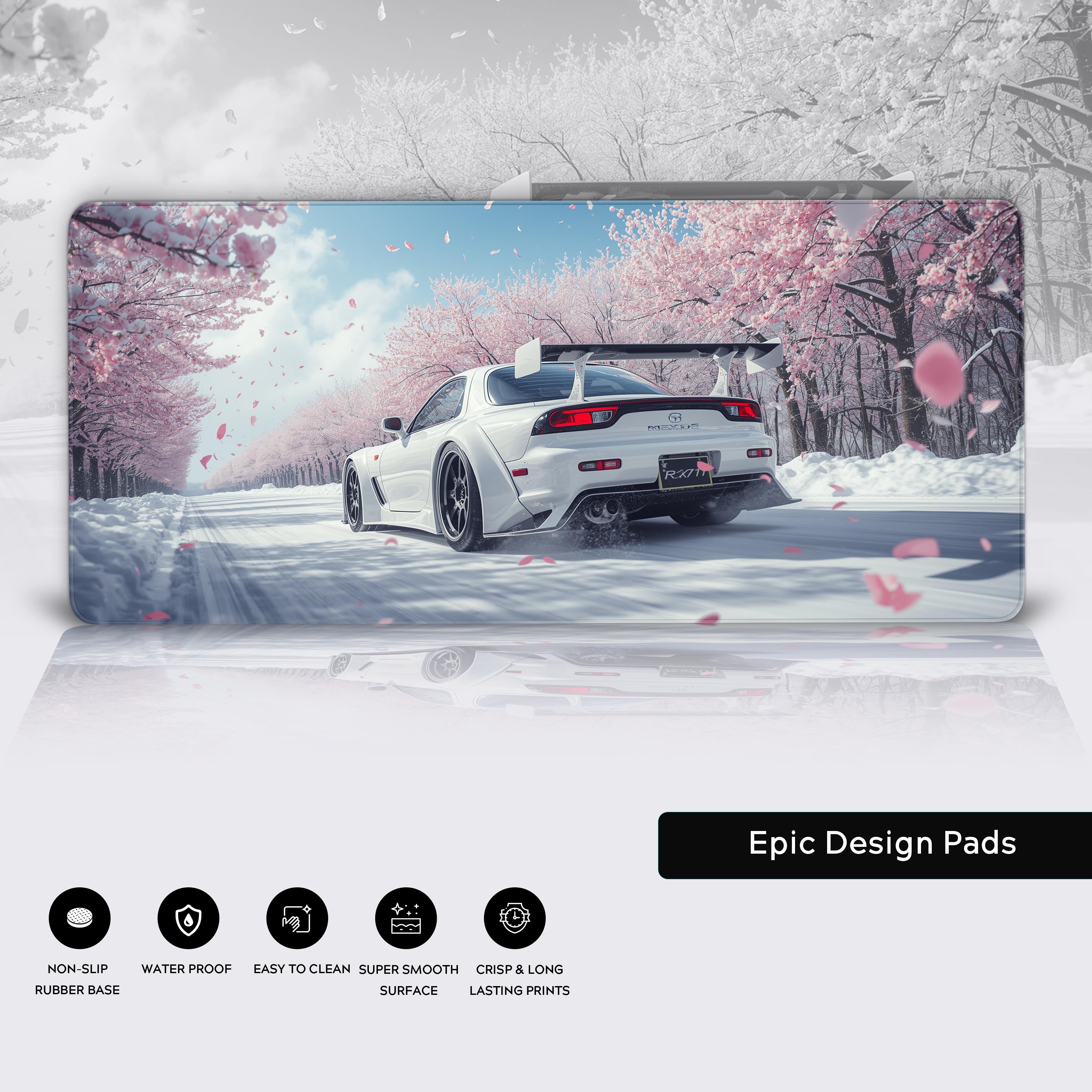 Sakura Drive desk mat featuring stitched edges and non-slip base – displays automotive art and nature. - Epic Design Pads