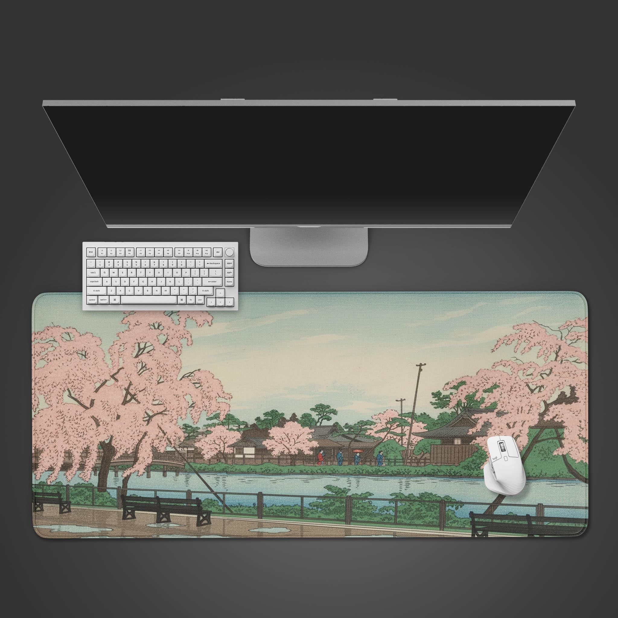 Sakura Season Japanese desk mat with cherry blossom design – top-down view on a desk with a white keyboard and mouse. - Epic Design Pads