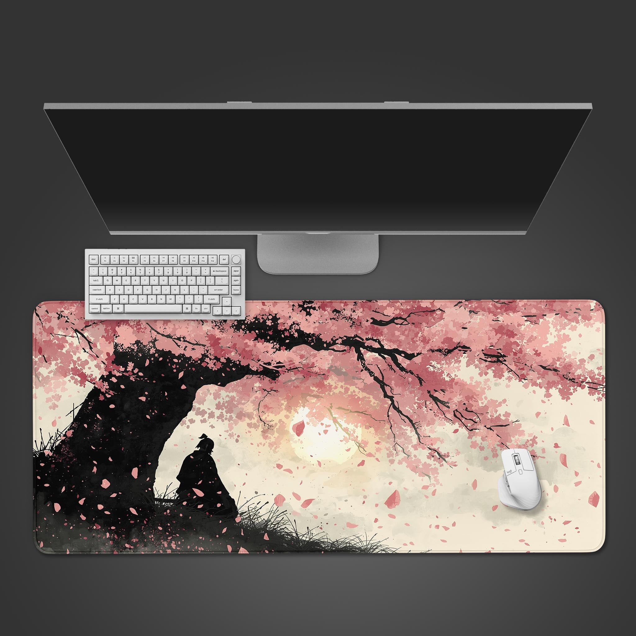 Japanese desk mat with a samurai meditating under a cherry blossom tree. Top-down view on a desk with a white keyboard and mouse. - Epic Design Pads