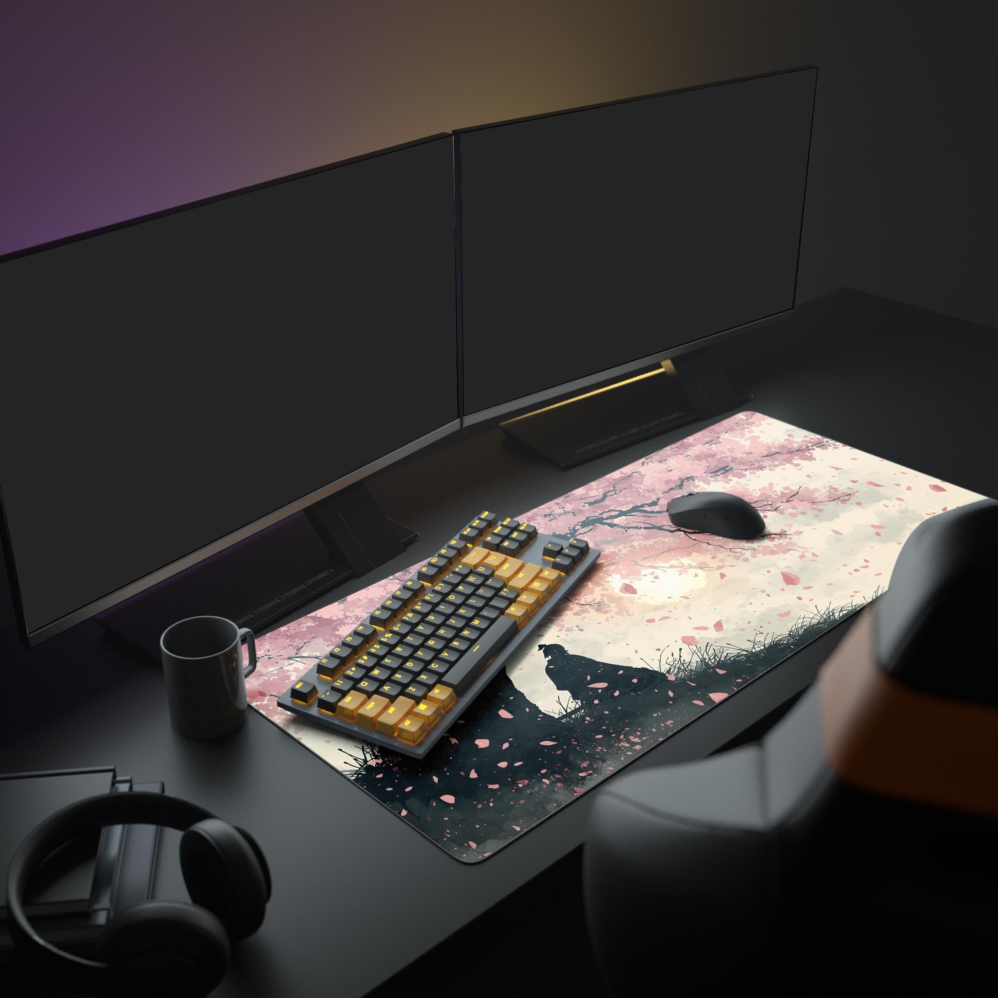 Large Sakura Serenity desk mat shown in an aesthetic gaming setup with dual monitors, a mechanical keyboard, and headphones. - Epic Design Pads