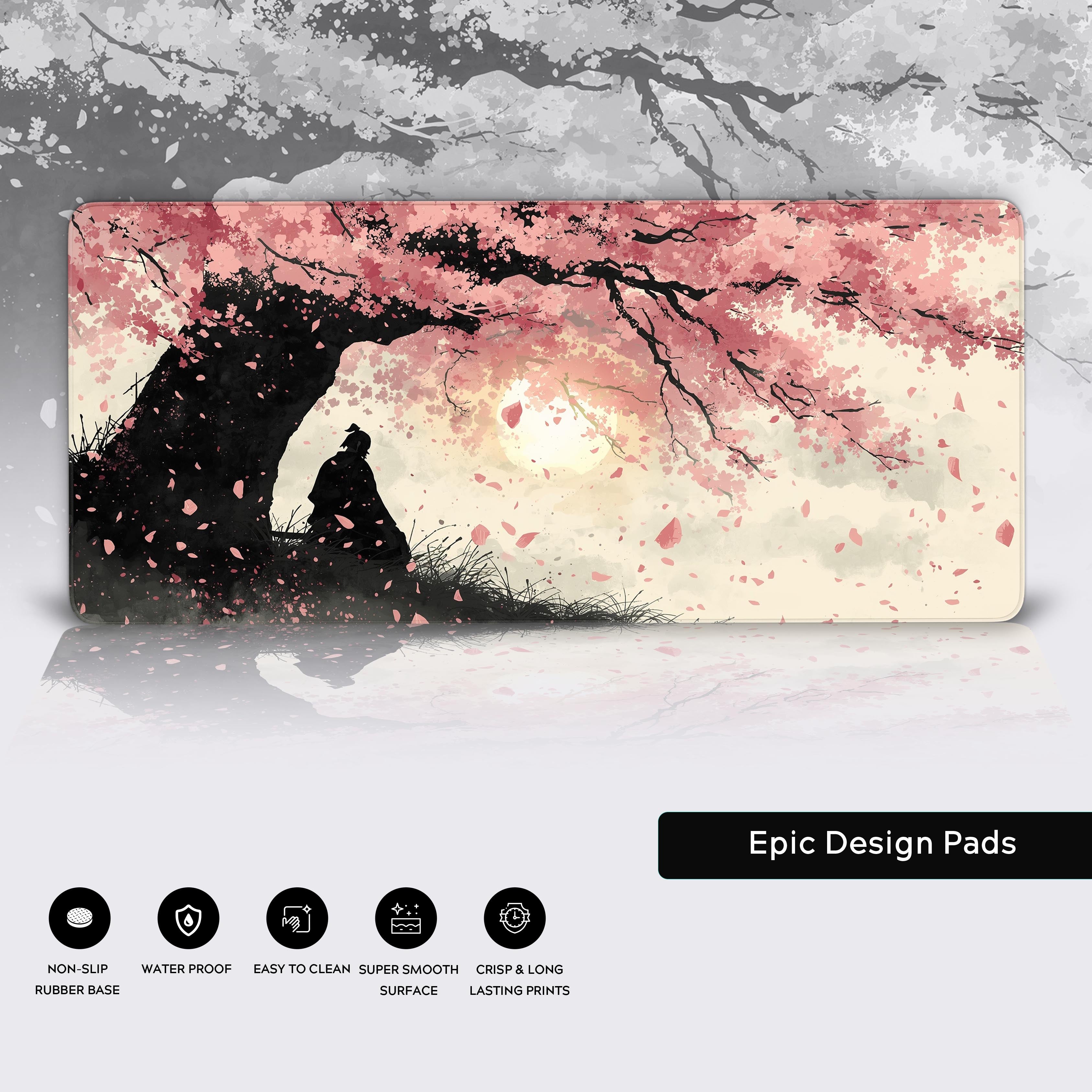 Close-up of the samurai desk mat showcasing the high-quality stitched edges, waterproof surface, and non-slip rubber base. - Epic Design Pads