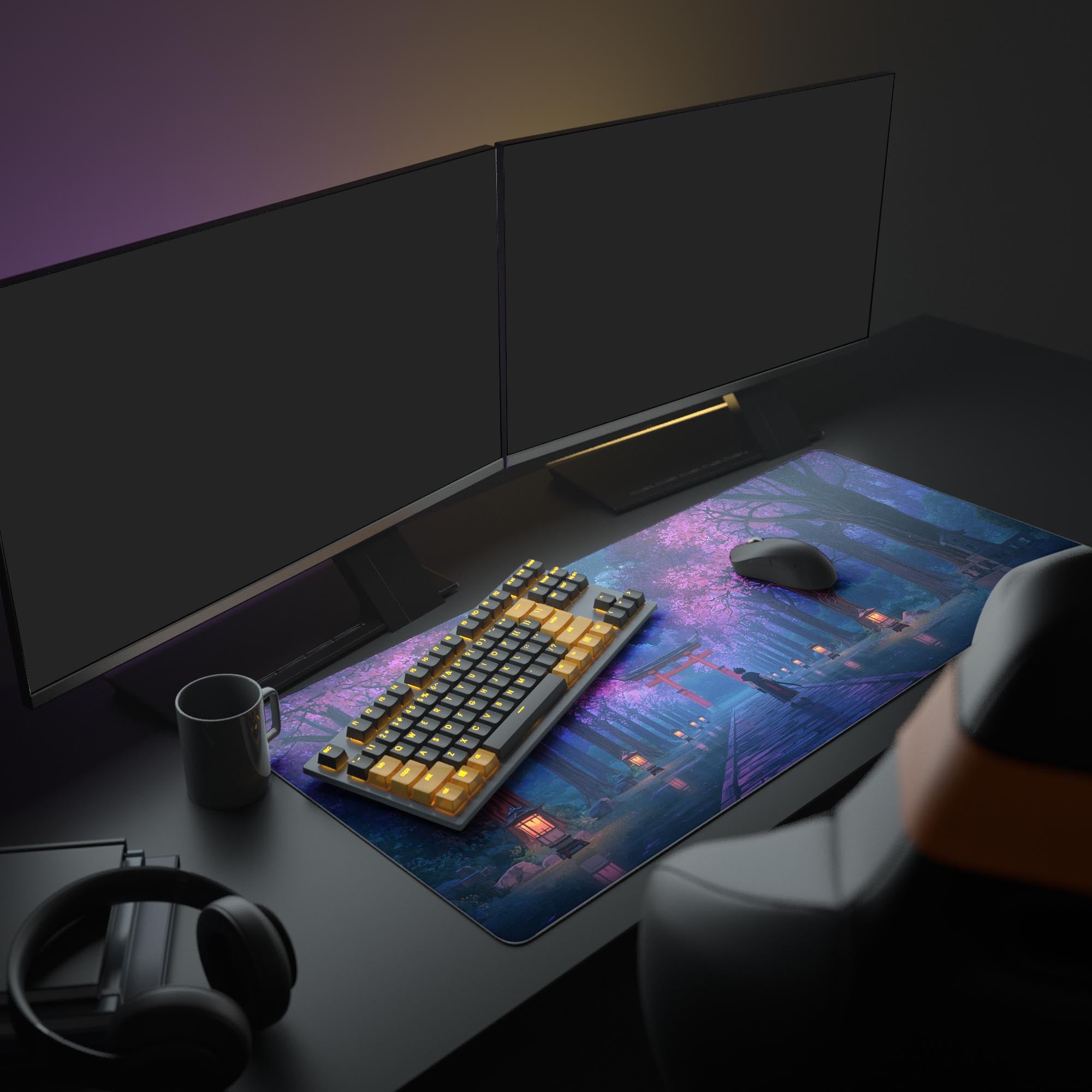Large Japanese desk mat with Sakura Shrine design in a full gaming setup with dual monitors, a mechanical keyboard, and headphones. - Epic Design Pads