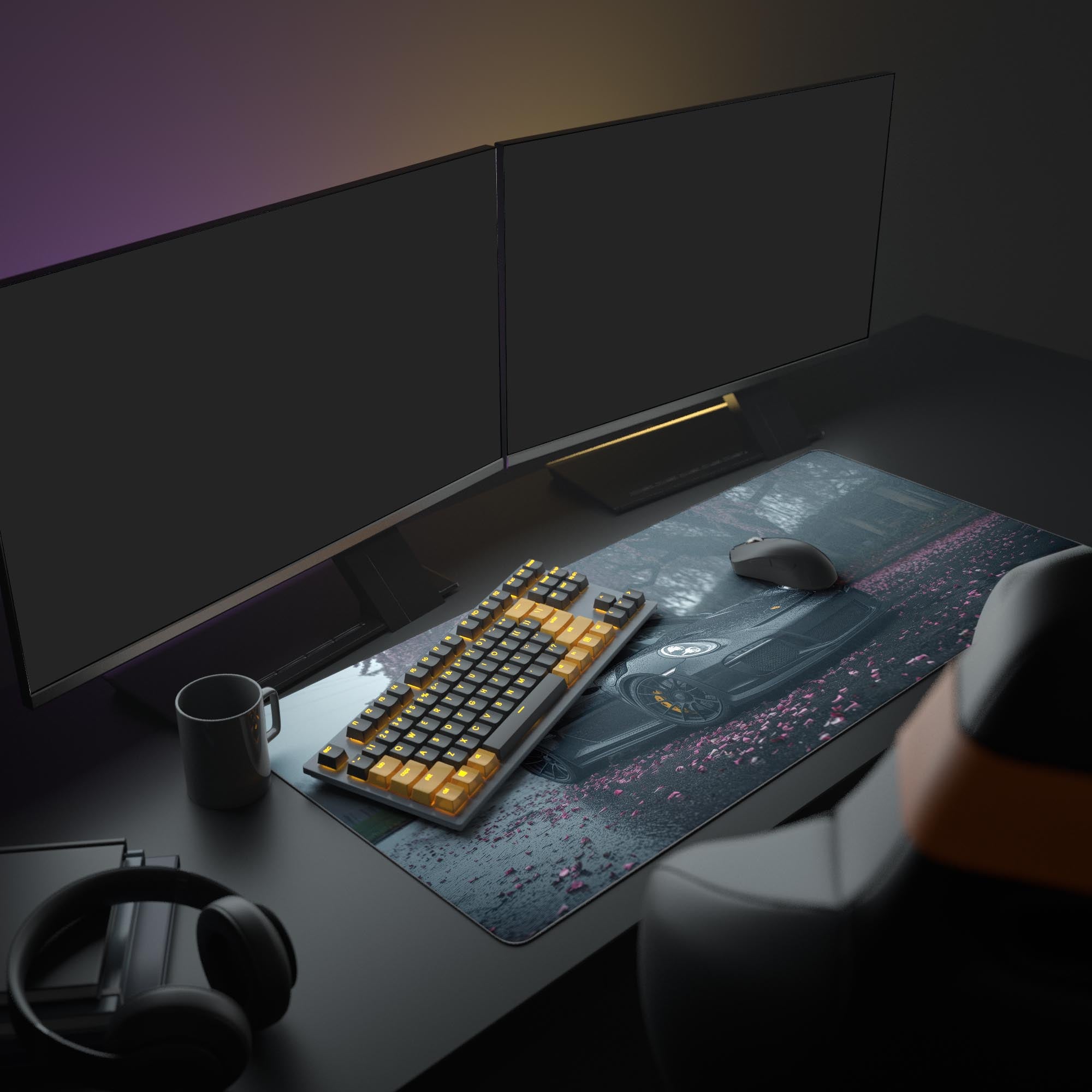 Large Sakura Velocity gaming mouse pad in a full desk setup with dual monitors, headphones, and mechanical keyboard, showcasing the JDM car aesthetic. - Epic Design Pads