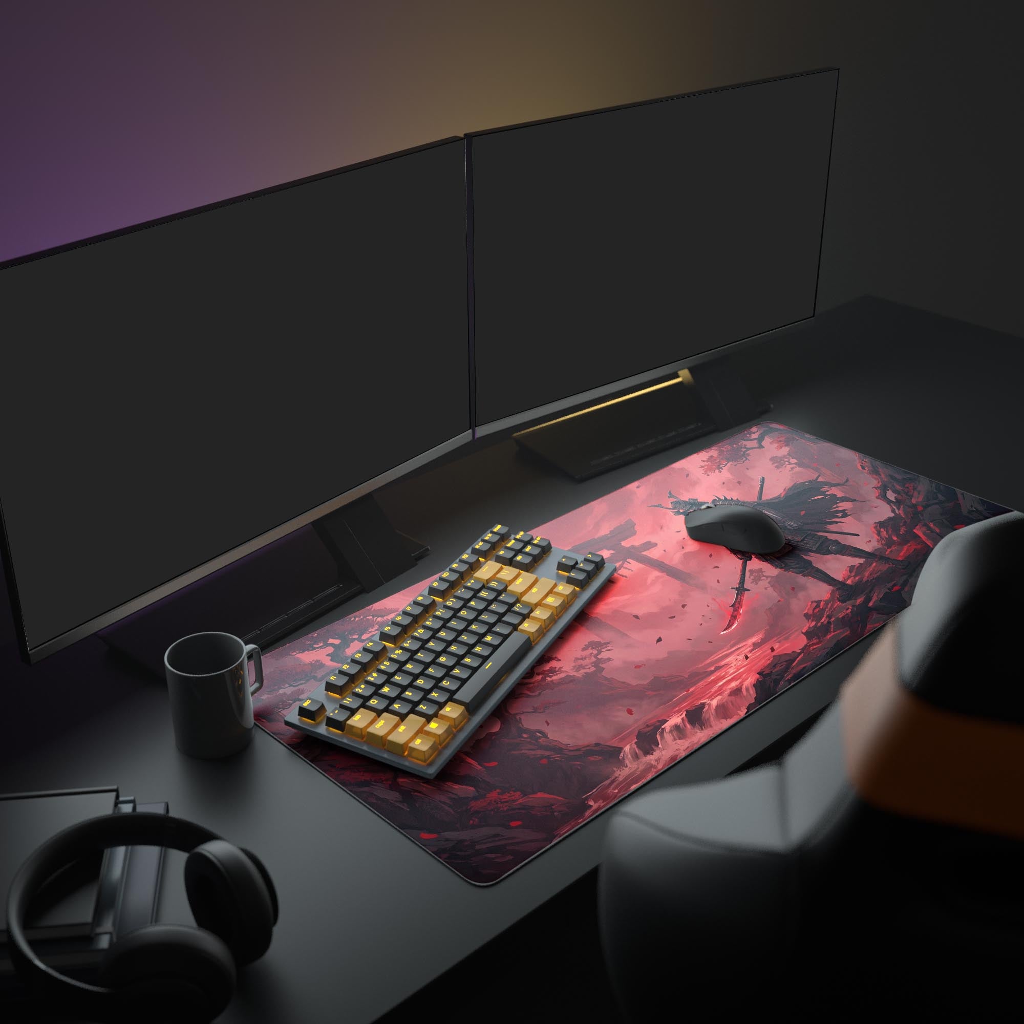 Close up view of the blood red samurai artwork and high quality micro-woven tracking surface