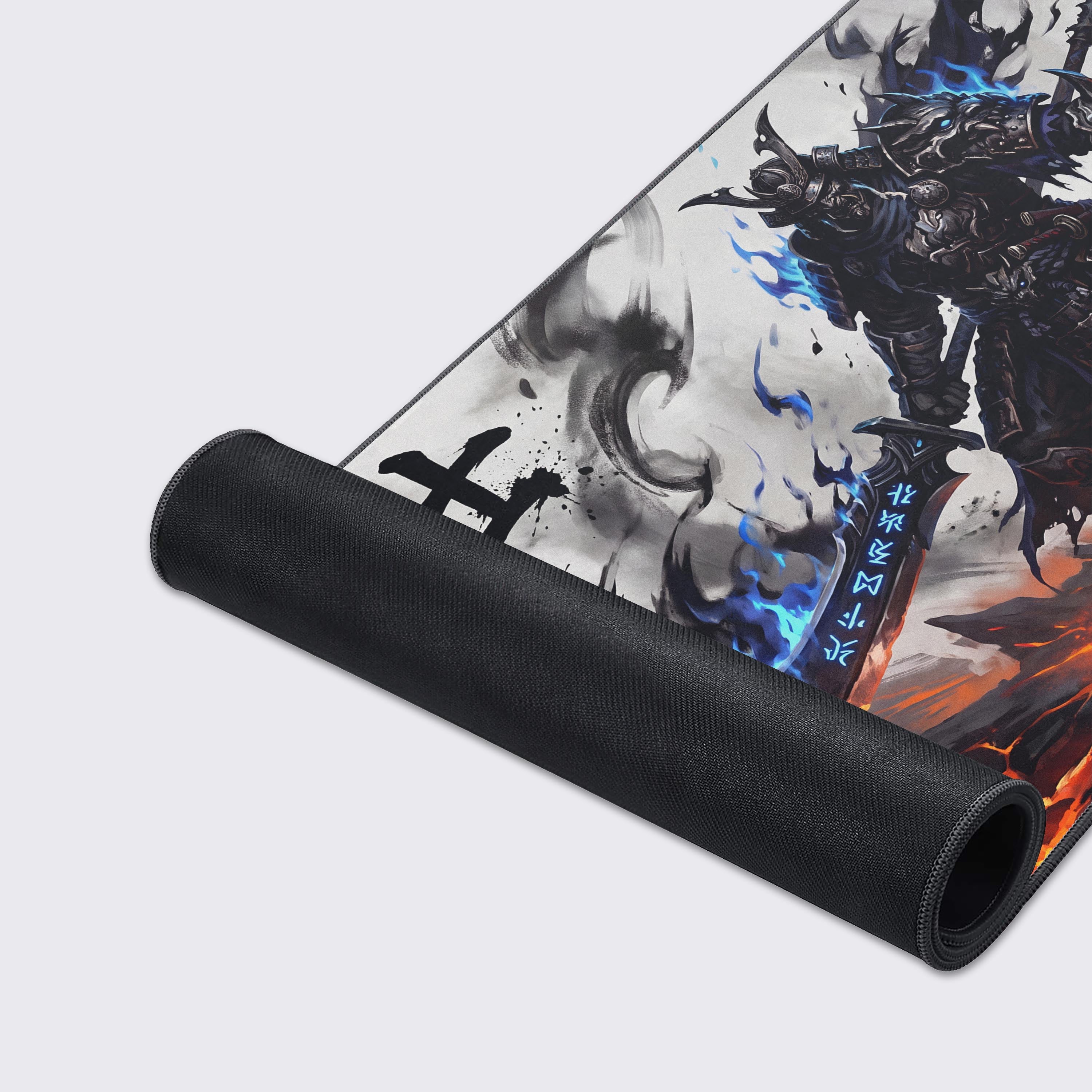 Epic samurai gaming desk mat setup with non-slip base and vibrant long-lasting prints