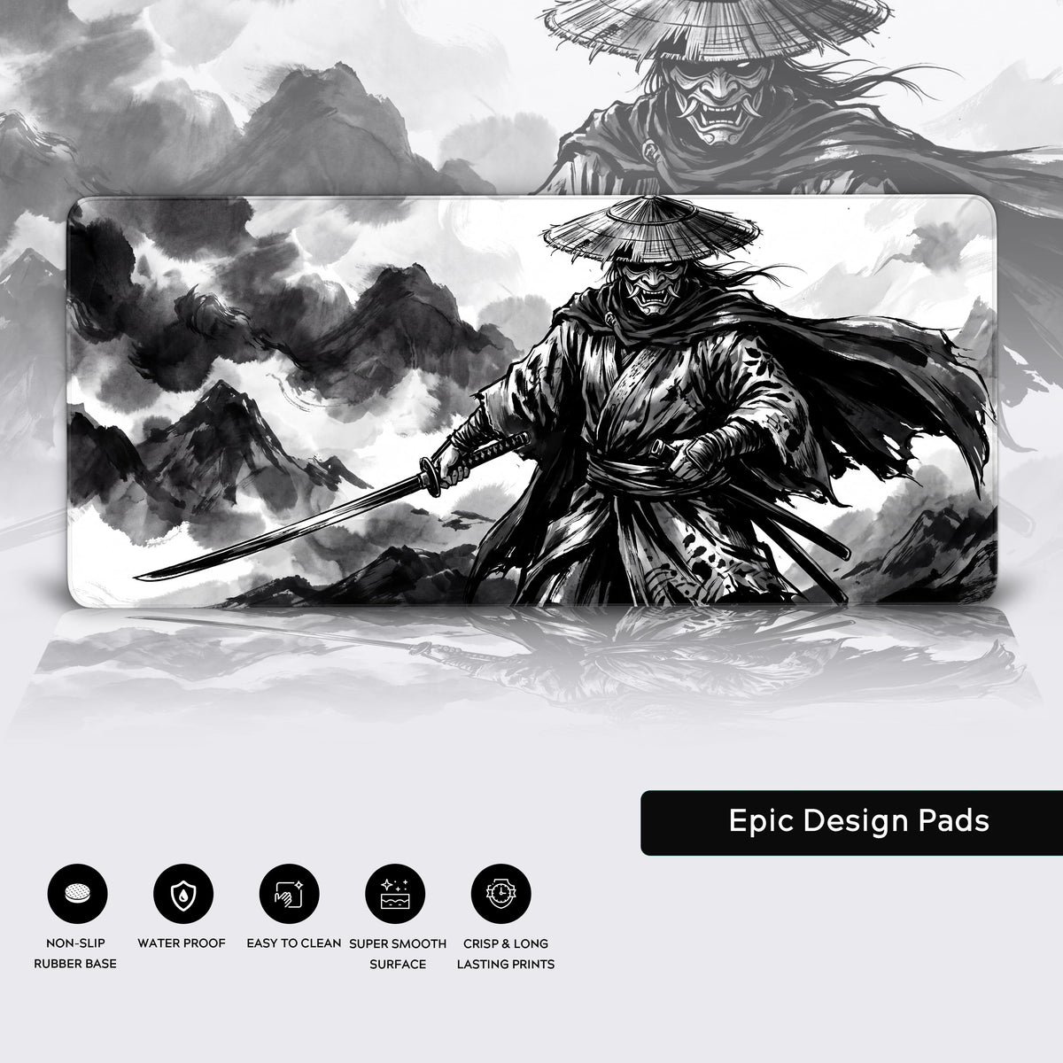 Black and white Japanese sumi-e style desk mat showcasing a fierce samurai warrior.