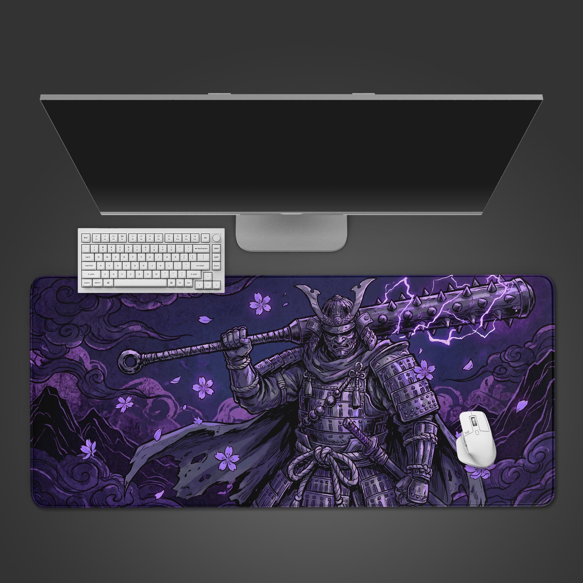 Thunderclap Samurai desk mat featuring a menacing Japanese warrior with a spiked club and vibrant purple lightning
