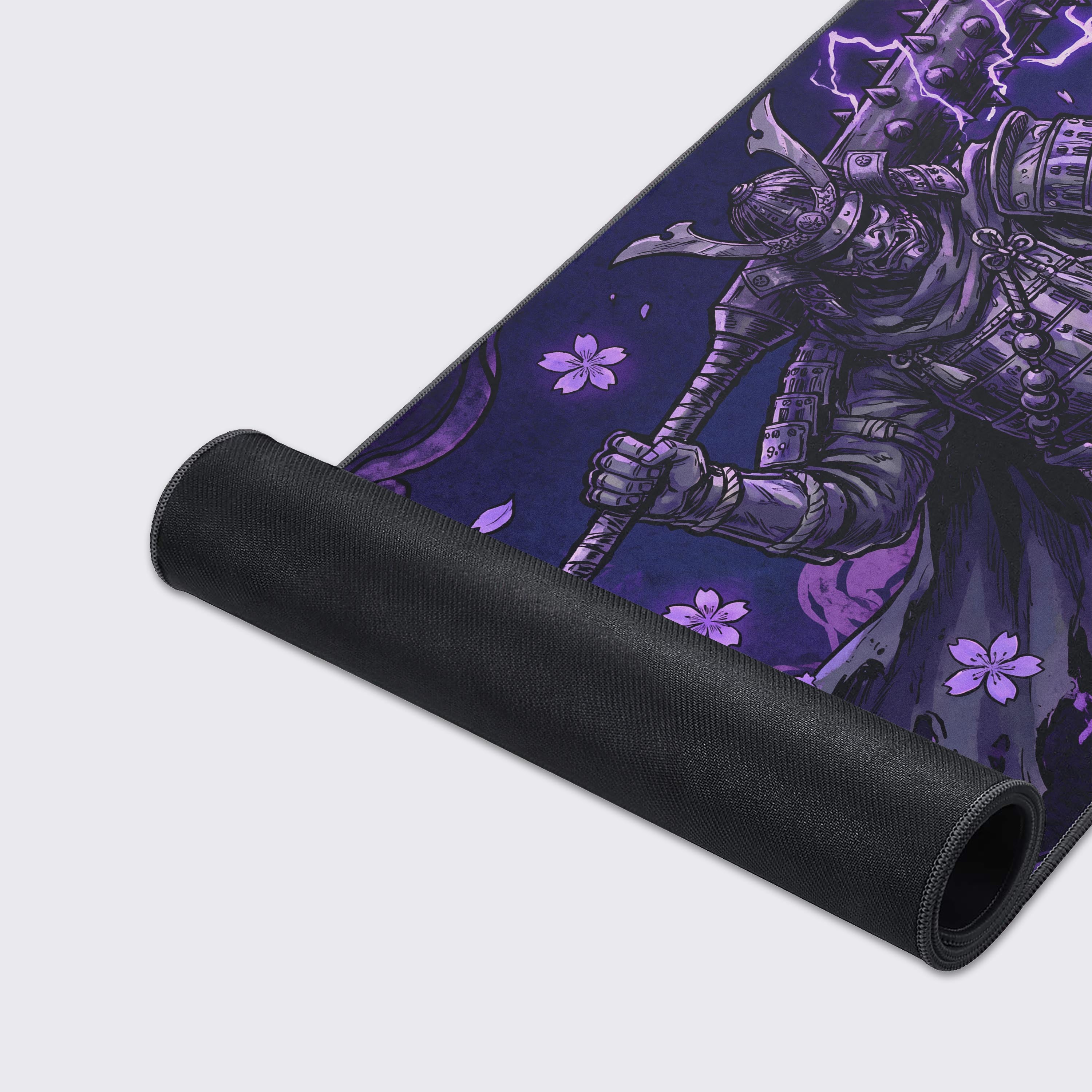Full view of the dark purple Japanese aesthetic gaming mouse pad displaying a samurai holding a kanabo weapon