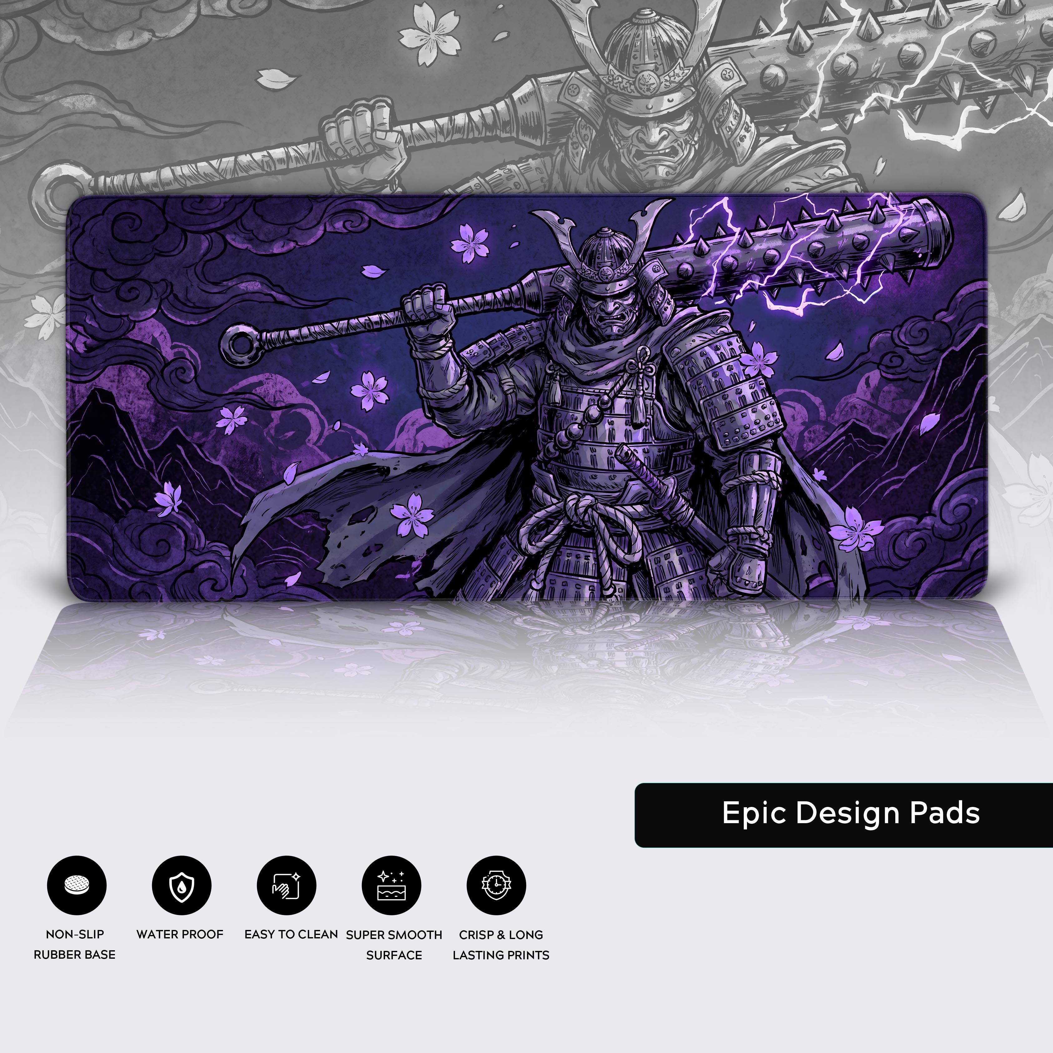 Infographic highlighting the premium desk mat features: non-slip rubber base, waterproof, easy to clean, super smooth surface, and crisp long-lasting prints