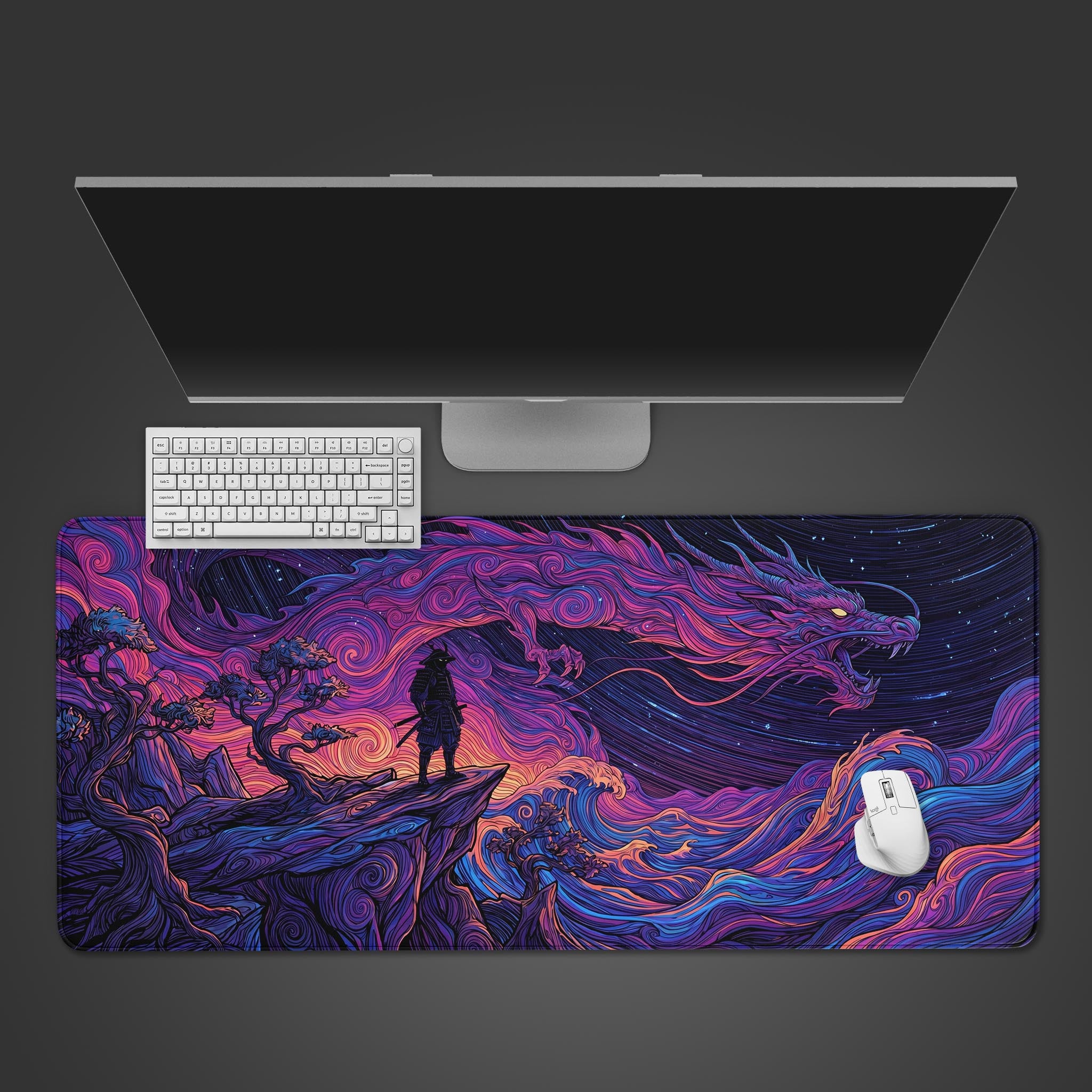 Neon samurai facing a massive swirling dragon on a vibrant purple and blue desk mat.