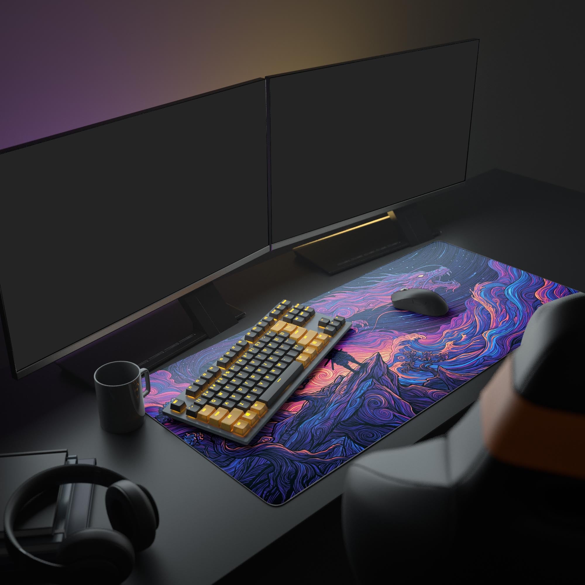 Detailed view of the psychedelic dragon and samurai art on a waterproof gaming mouse pad.