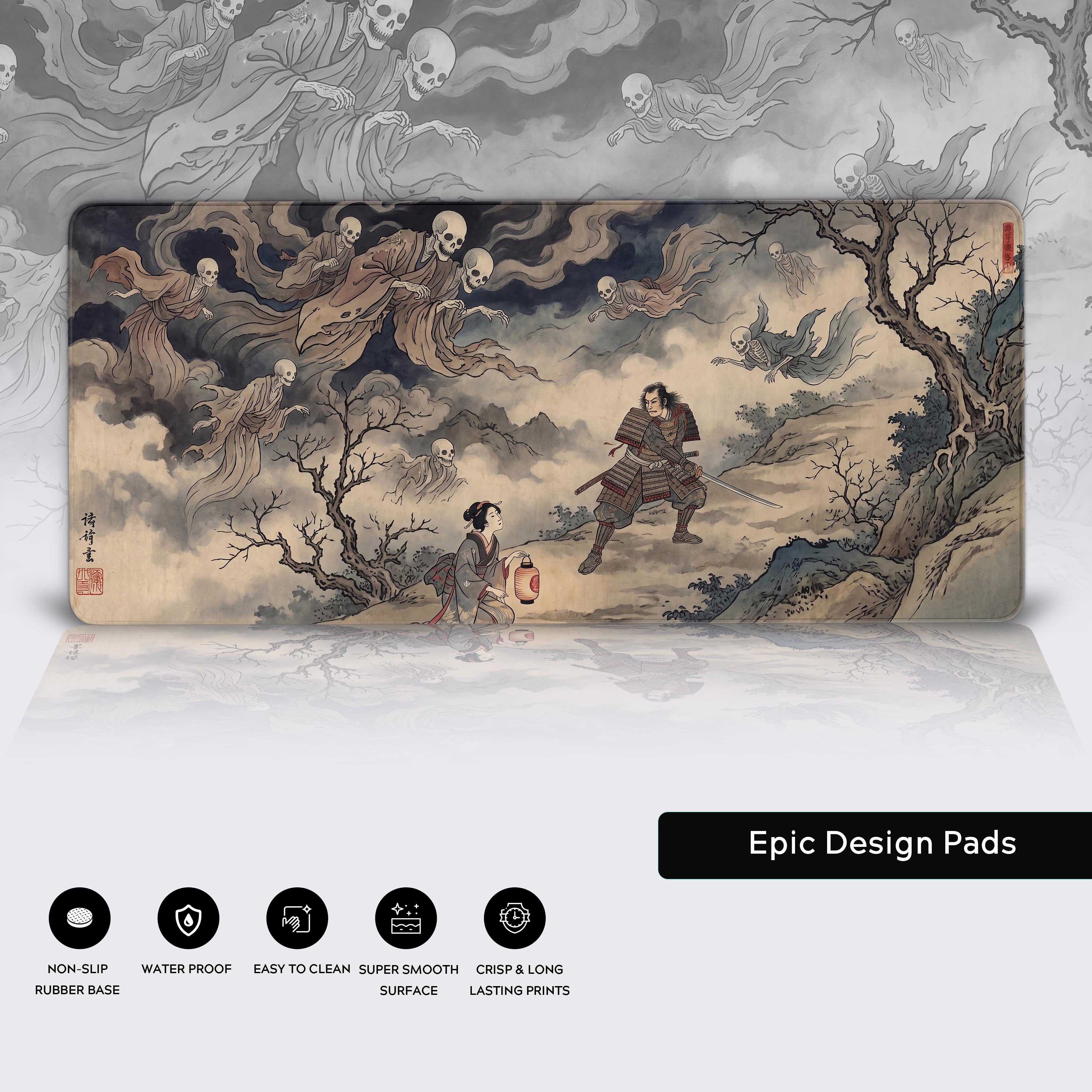 Full view of the Samurai Ghost Battle desk mat highlighting its smooth surface and detailed artwork
