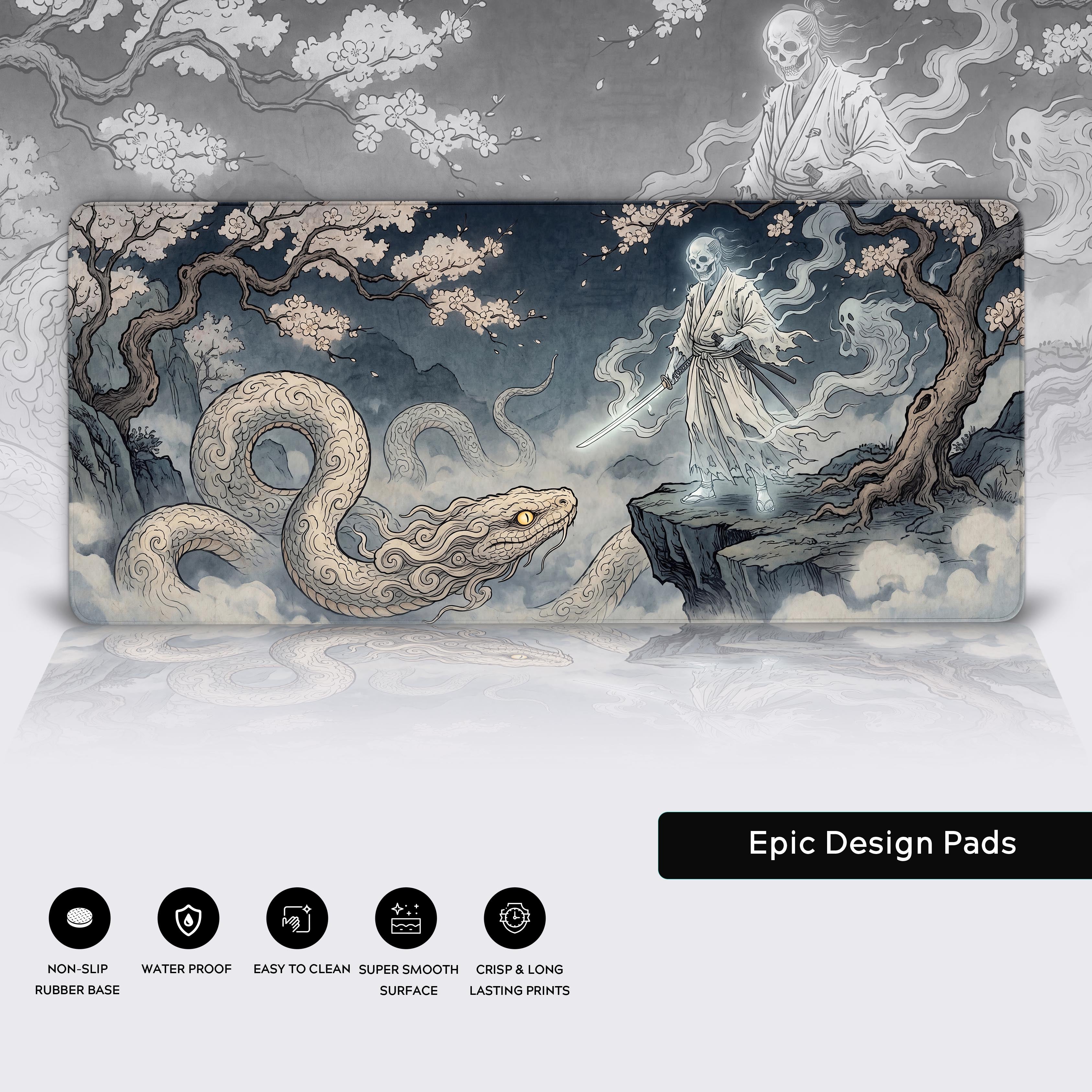 Feature icons showing the mat has a non-slip rubber base, is water-proof, easy to clean, has a super smooth surface, and crisp long lasting prints.