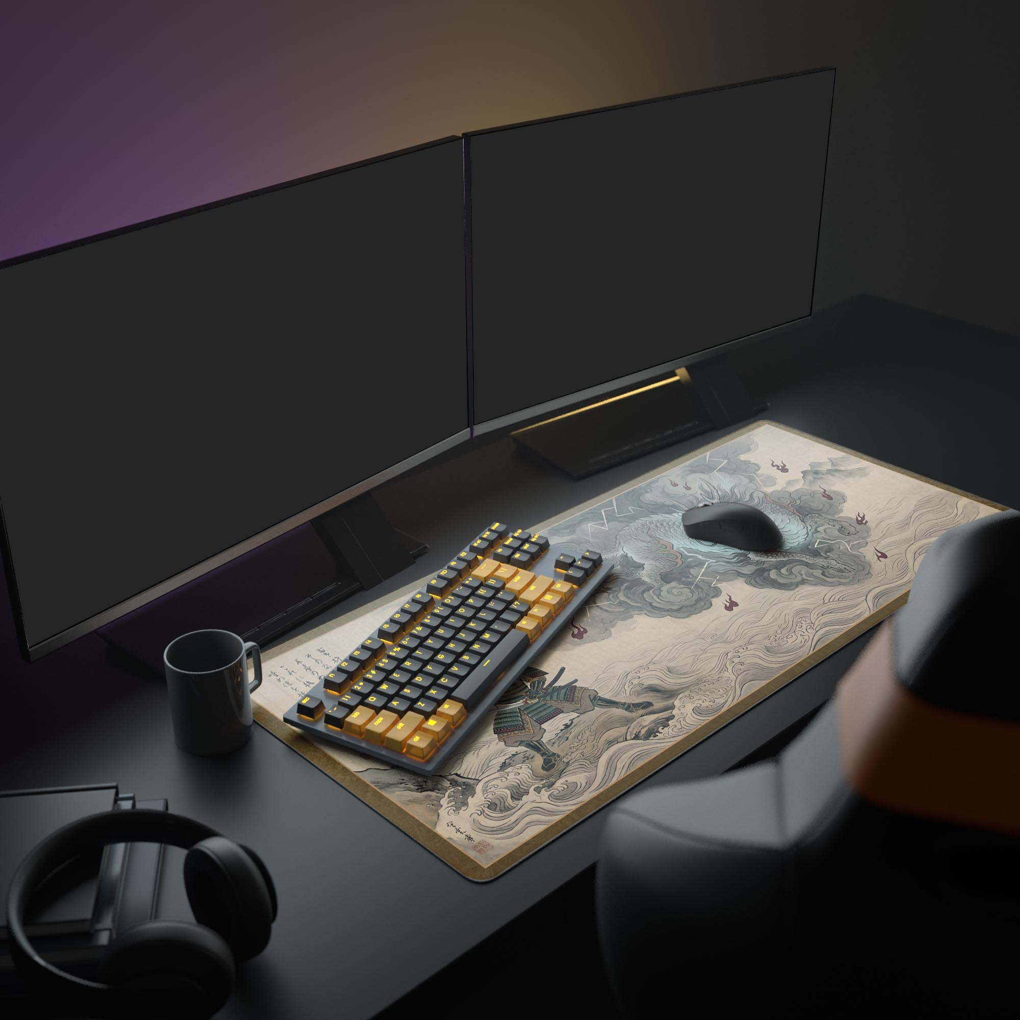 A full PC setup featuring the Samurai's Stand XL mouse pad. The Japanese art design with a dragon and warrior complements the monitor and gaming peripherals. - Epic Design Pads & Mousepads
