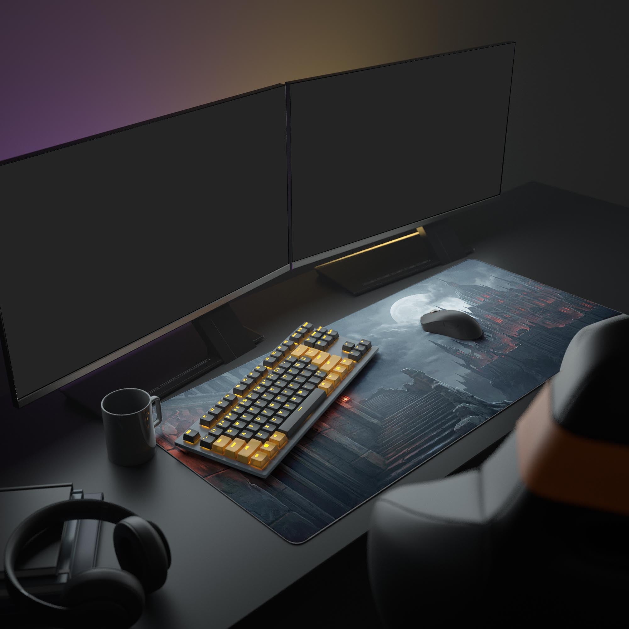 A gamer's PC setup featuring the Sanguine Keep gaming desk mat. The dark fantasy castle design complements the glowing keyboard and multiple monitors, creating an immersive atmosphere. - Epic Design Pads & Mousepads
