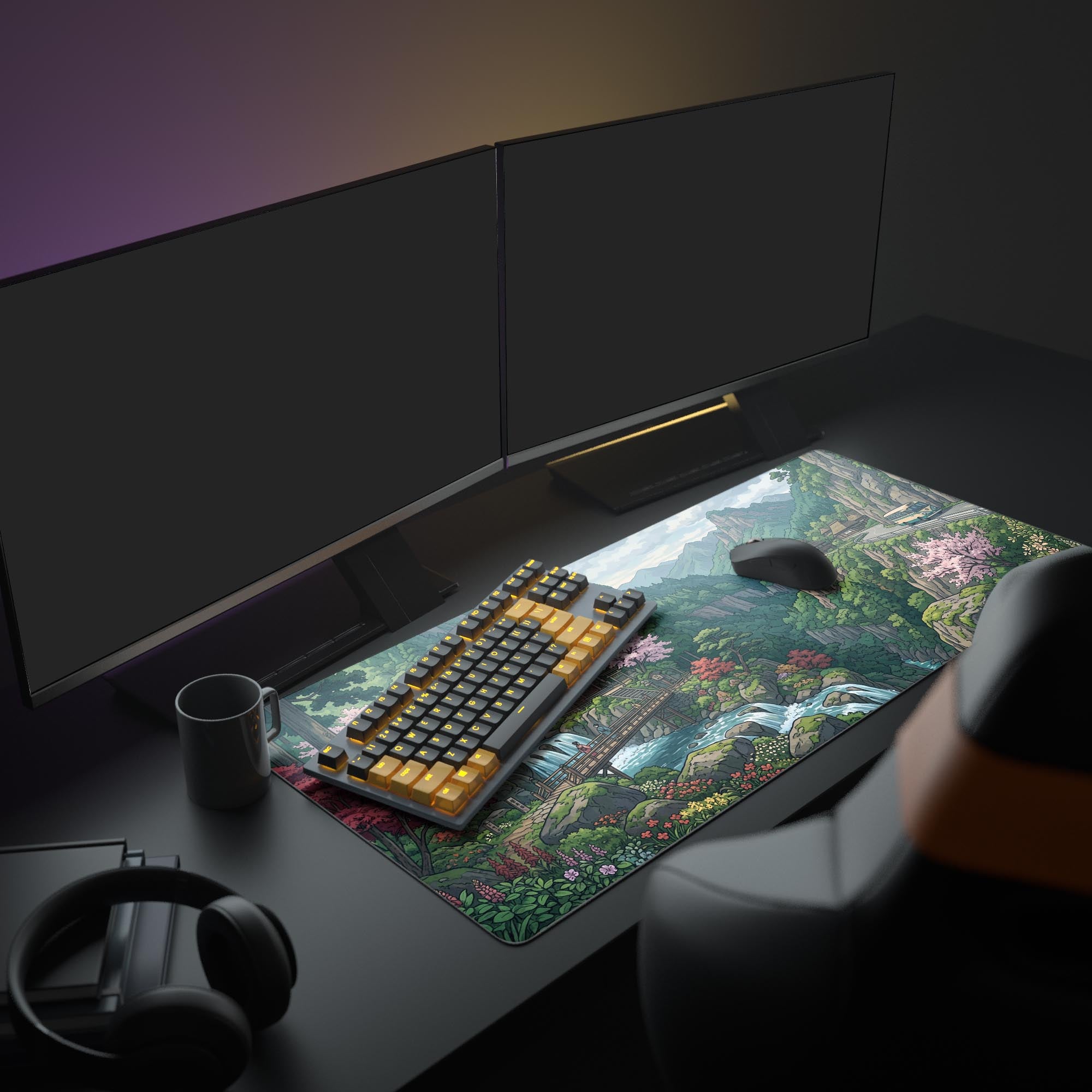A cozy desk setup featuring the Scenic Route XL mouse pad, with its vibrant anime-style landscape complementing a dual monitor display and glowing keyboard. - Epic Design Pads & Mousepads