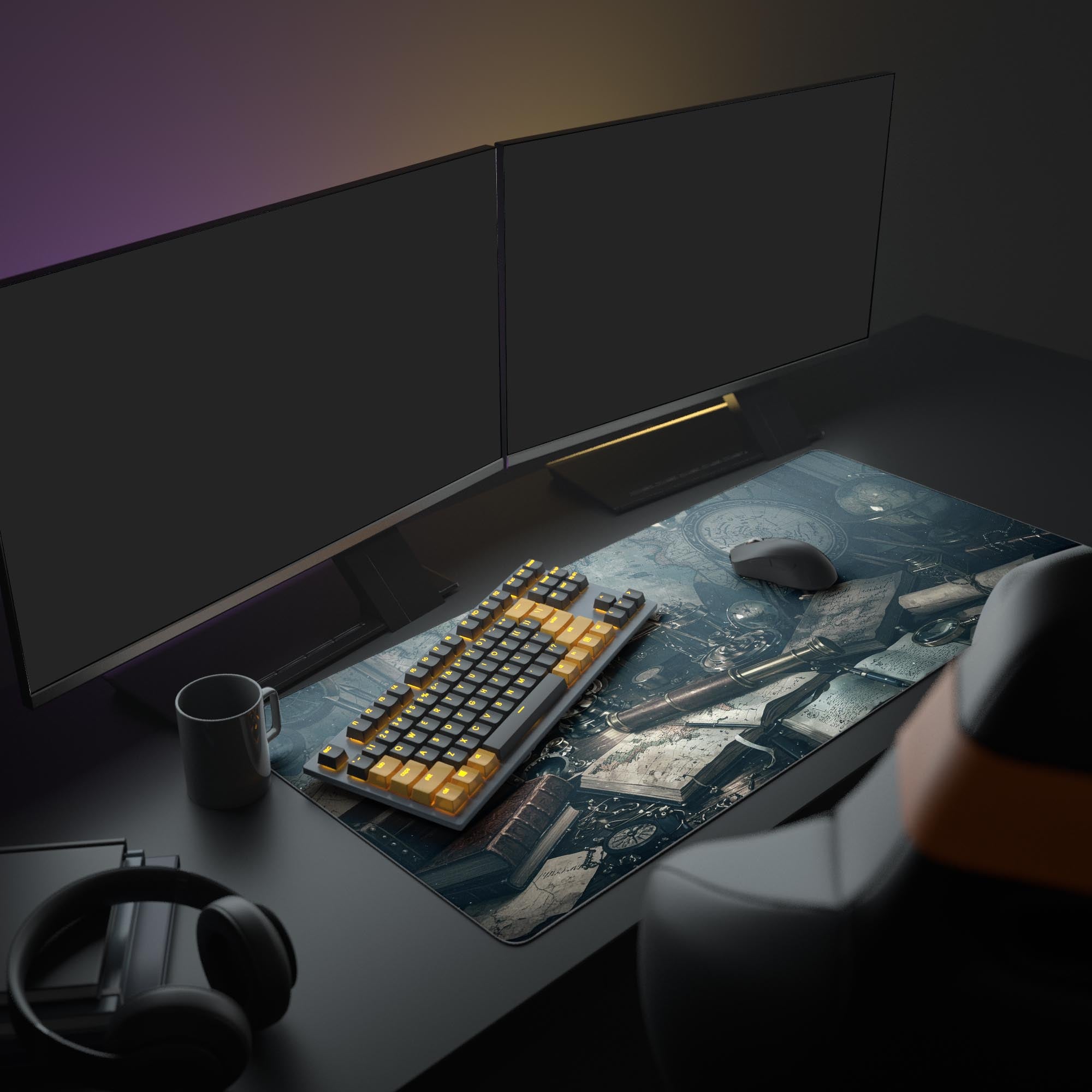 Large dark academia desk mat in a study setup with dual monitors, stack of books, and headphones, creating a vintage explorer aesthetic. - Epic Design Pads & Mousepads