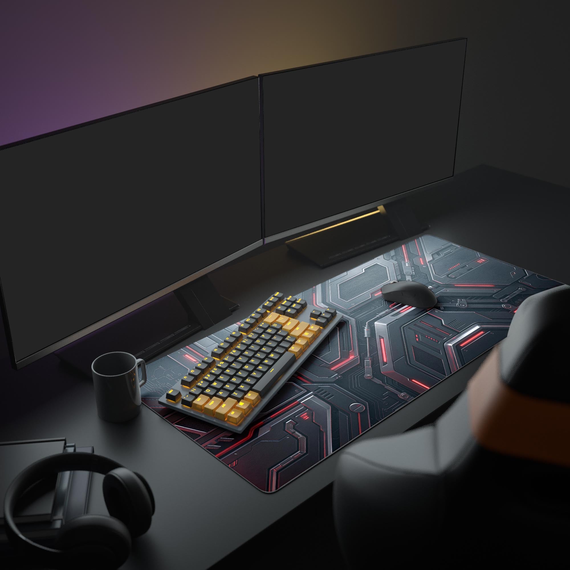 Close-up of futuristic mecha panel design on a gaming mouse pad