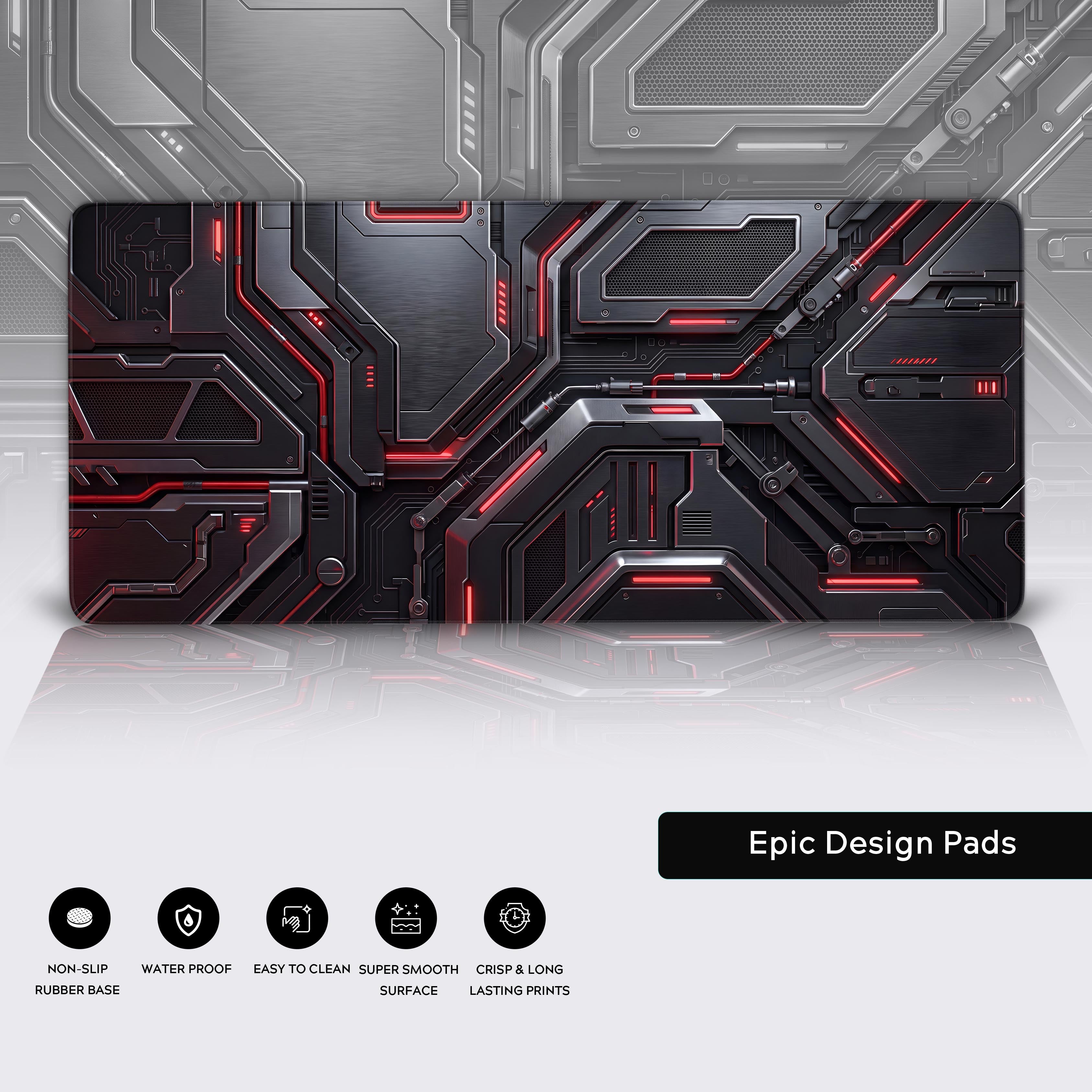 Dark futuristic gaming setup anchored by a high-tech circuit board desk mat