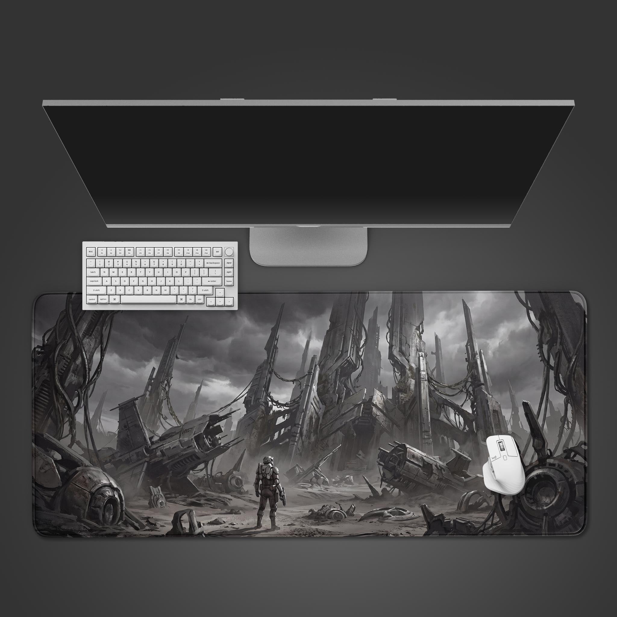 Fallen Sector dystopian sci-fi ruins desk mat featuring a lone astronaut exploring crashed spaceships