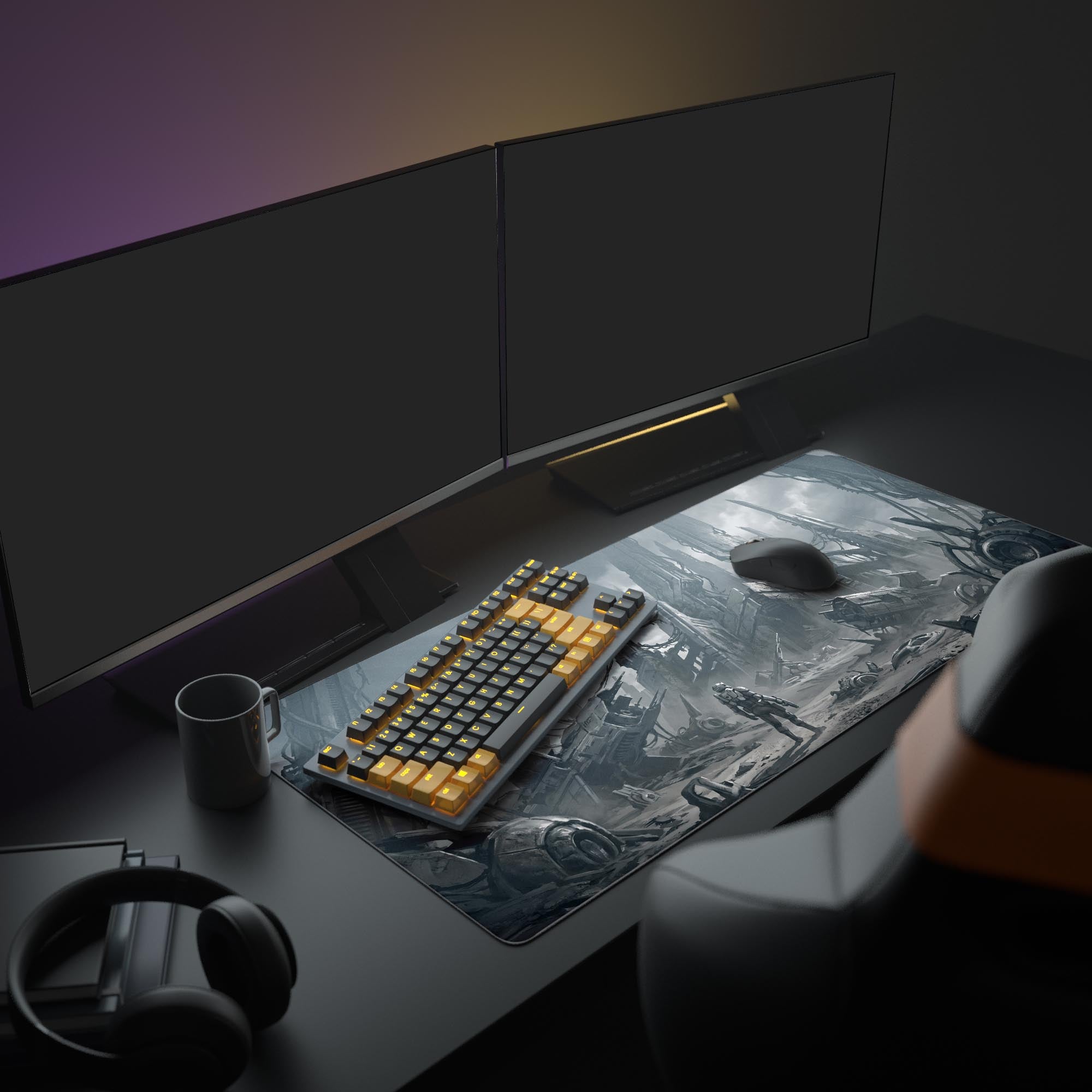 Close-up of the highly detailed monochromatic post-apocalyptic wasteland art on the gaming mouse pad