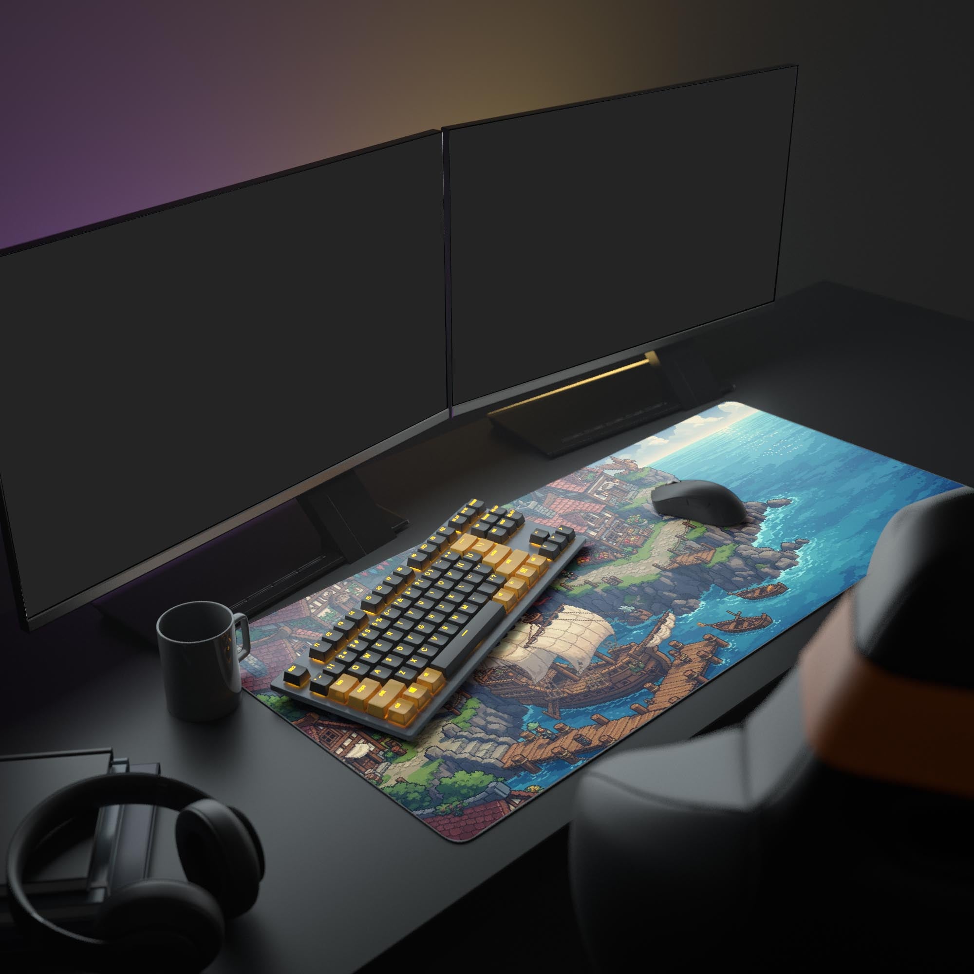 Large Seaside Village pixel art desk mat in a cozy gaming setup with dual monitors, headphones, and a mechanical keyboard, capturing a nostalgic RPG aesthetic. - Epic Design Pads
