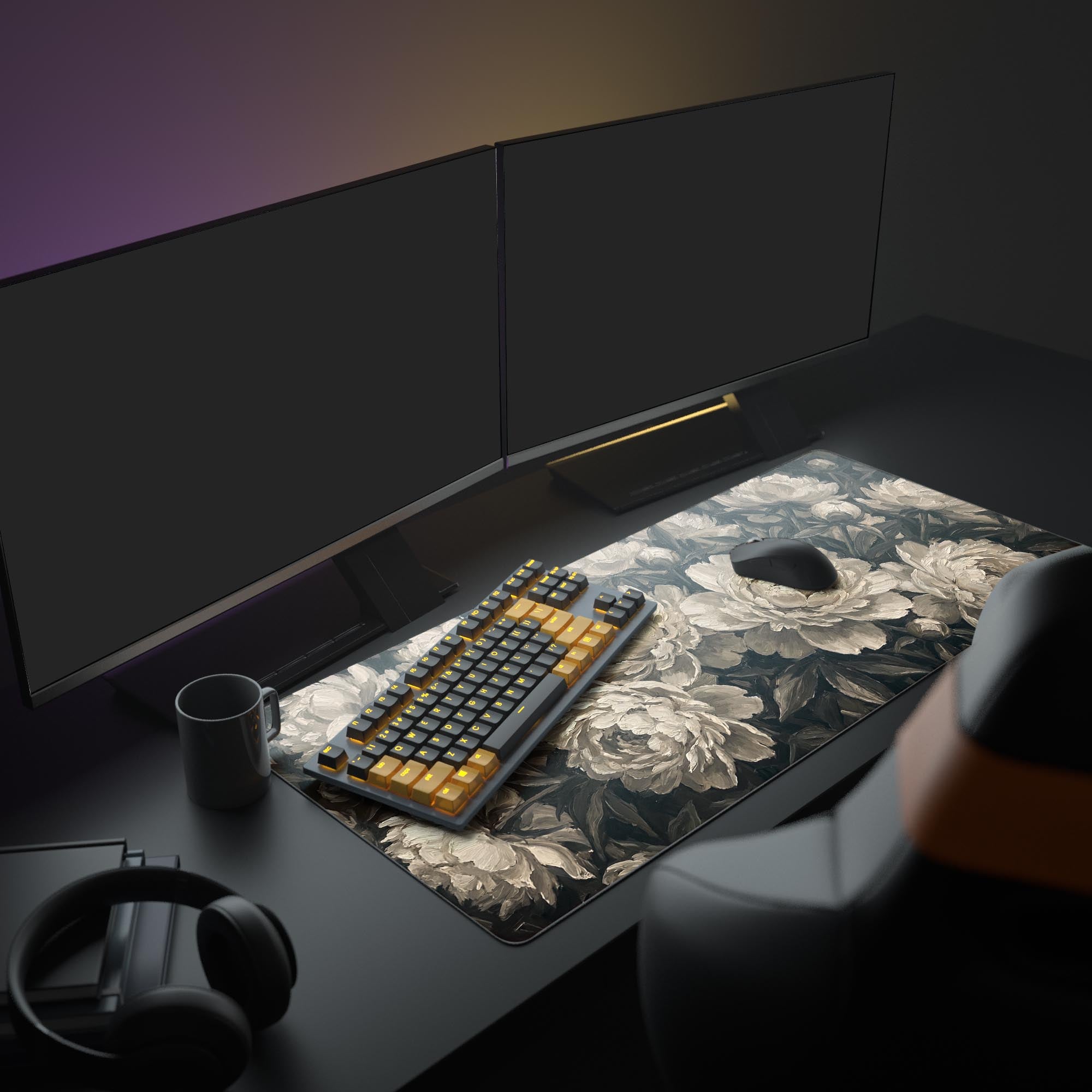A sophisticated office setup featuring the Sepia Blooms vintage floral mouse pad, complementing a modern monitor and peripherals for a Dark Academia aesthetic. - Epic Design Pads & Mousepads