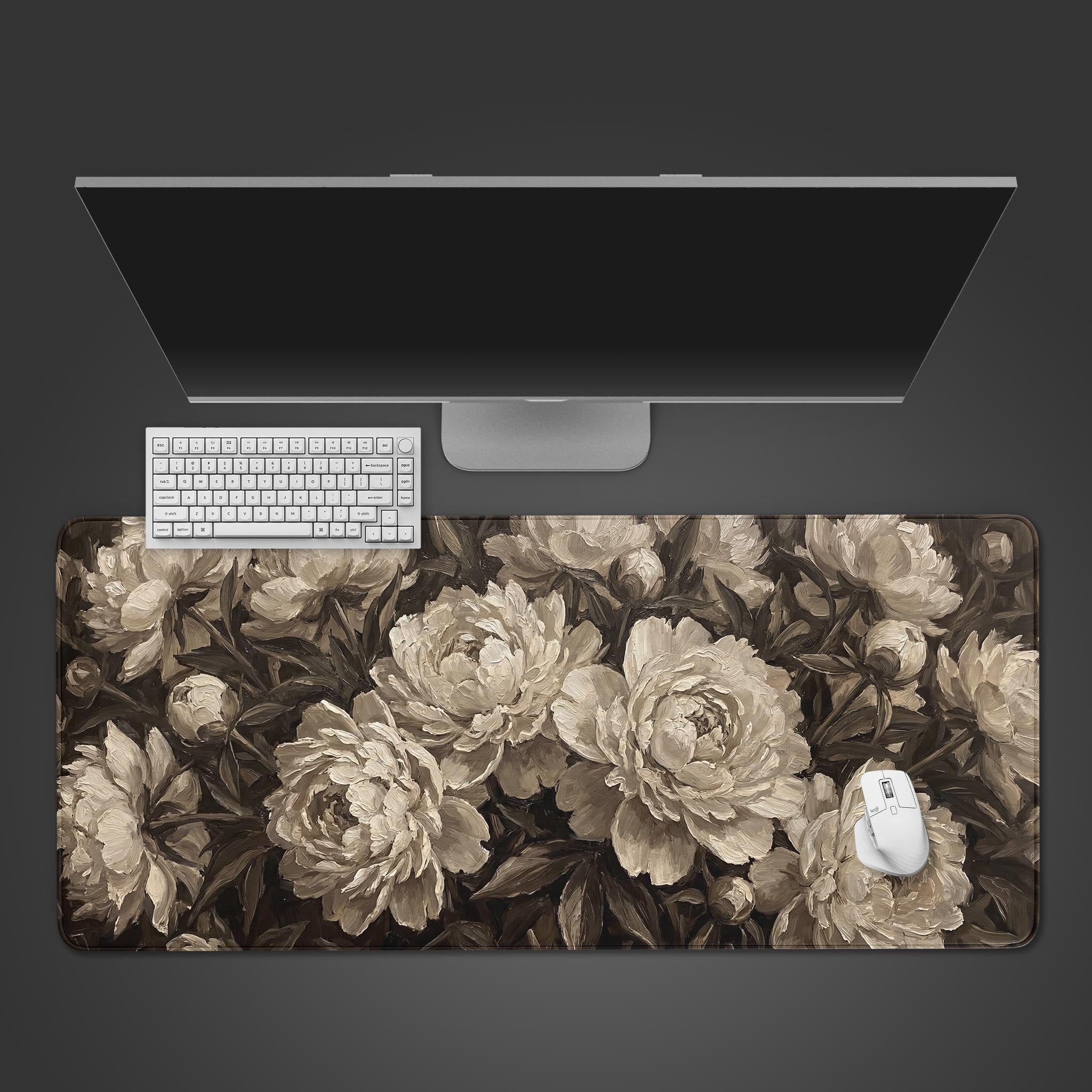 Top-down view of the Sepia Blooms Gaming Desk Mat, featuring a vintage peony oil painting design, shown with a white keyboard and mouse on a dark background. - Epic Design Pads & Mousepads