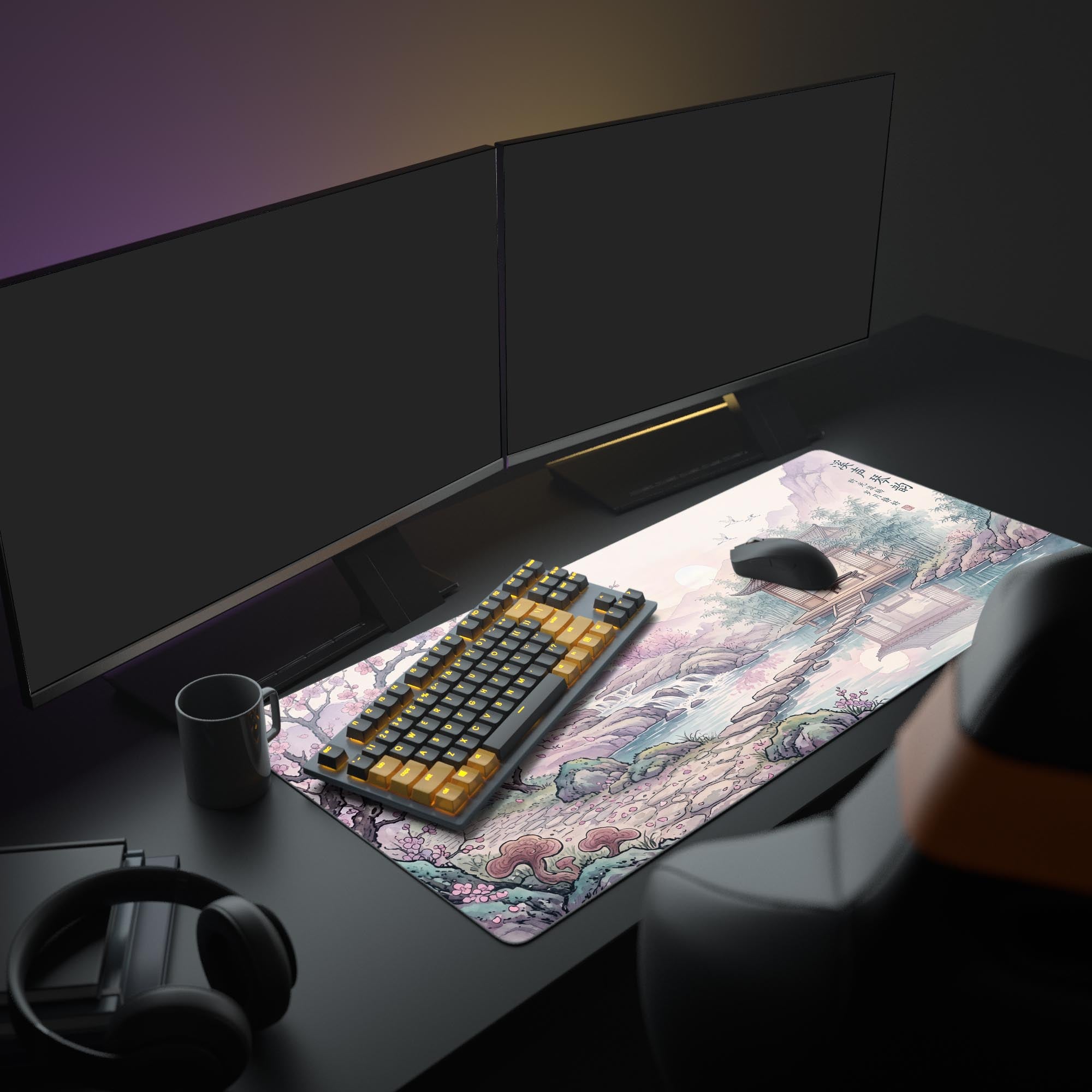 Close up of pink spring blossoms and misty mountains on an extra large mouse pad